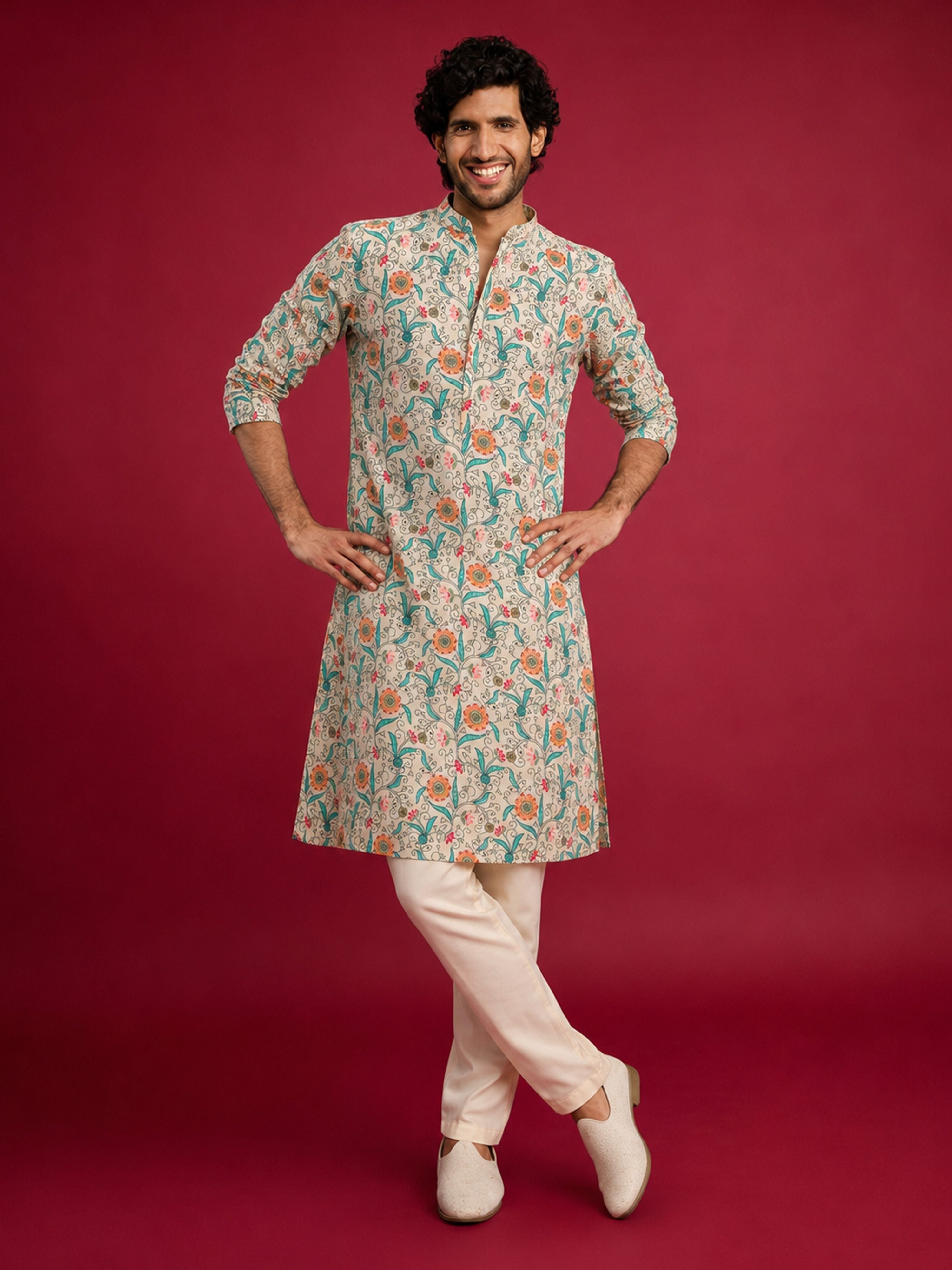 Men Cream Cotton Kurta with Pyjama Festive, Diwali Ethnic Wear