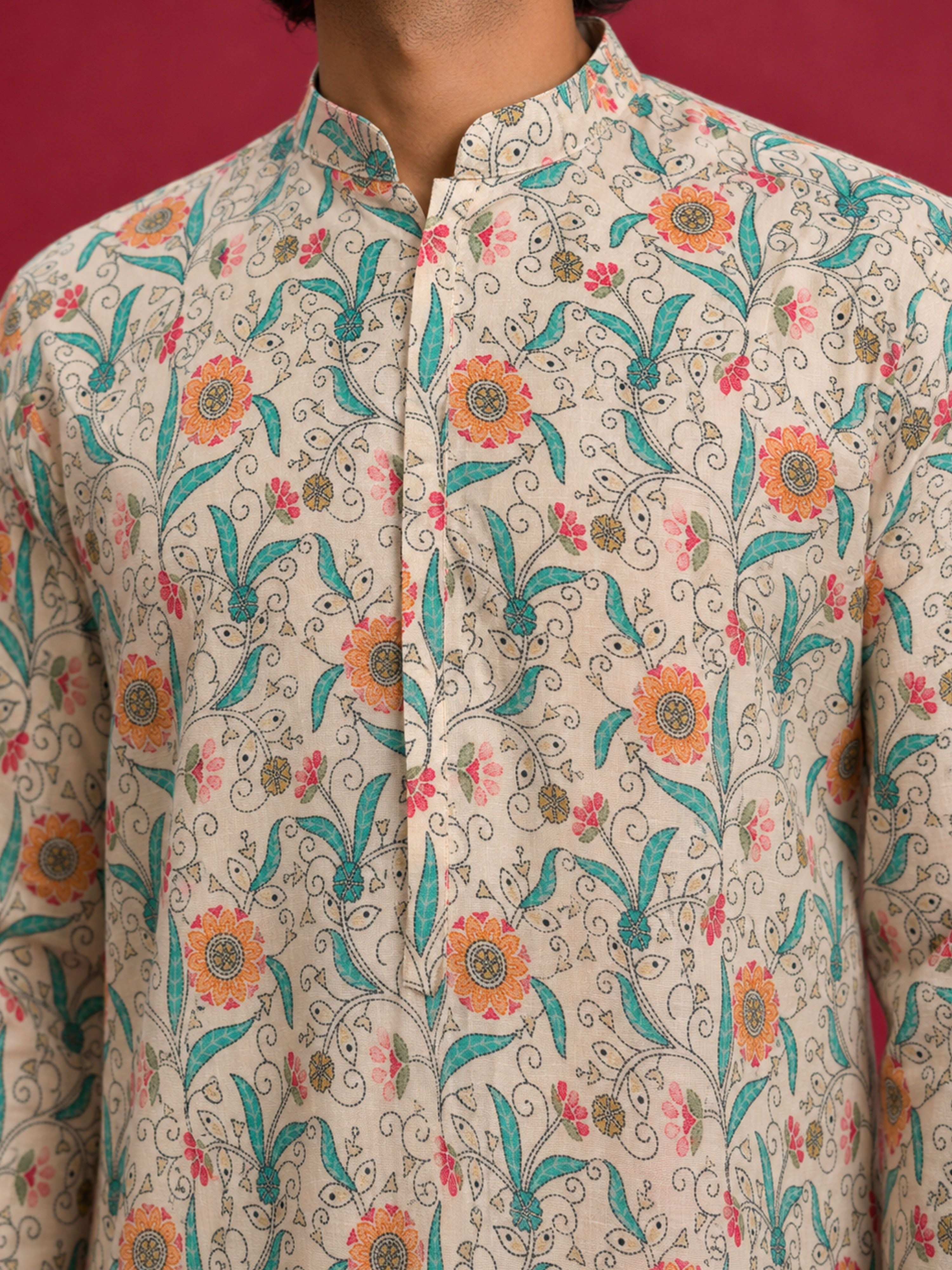Men's Cream Cotton Digital Print Knee Length Kurta with Pyjama