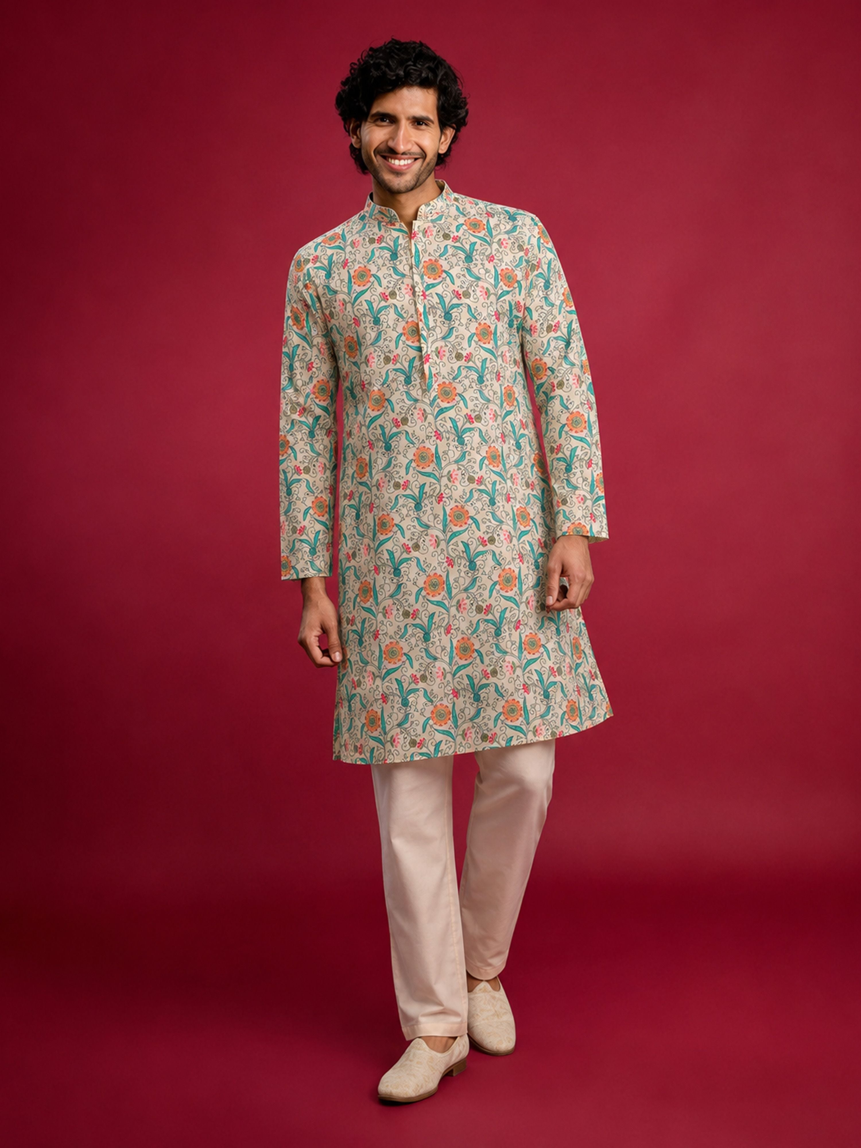 Men's Cream Cotton Digital Print Knee Length Kurta with Pyjama