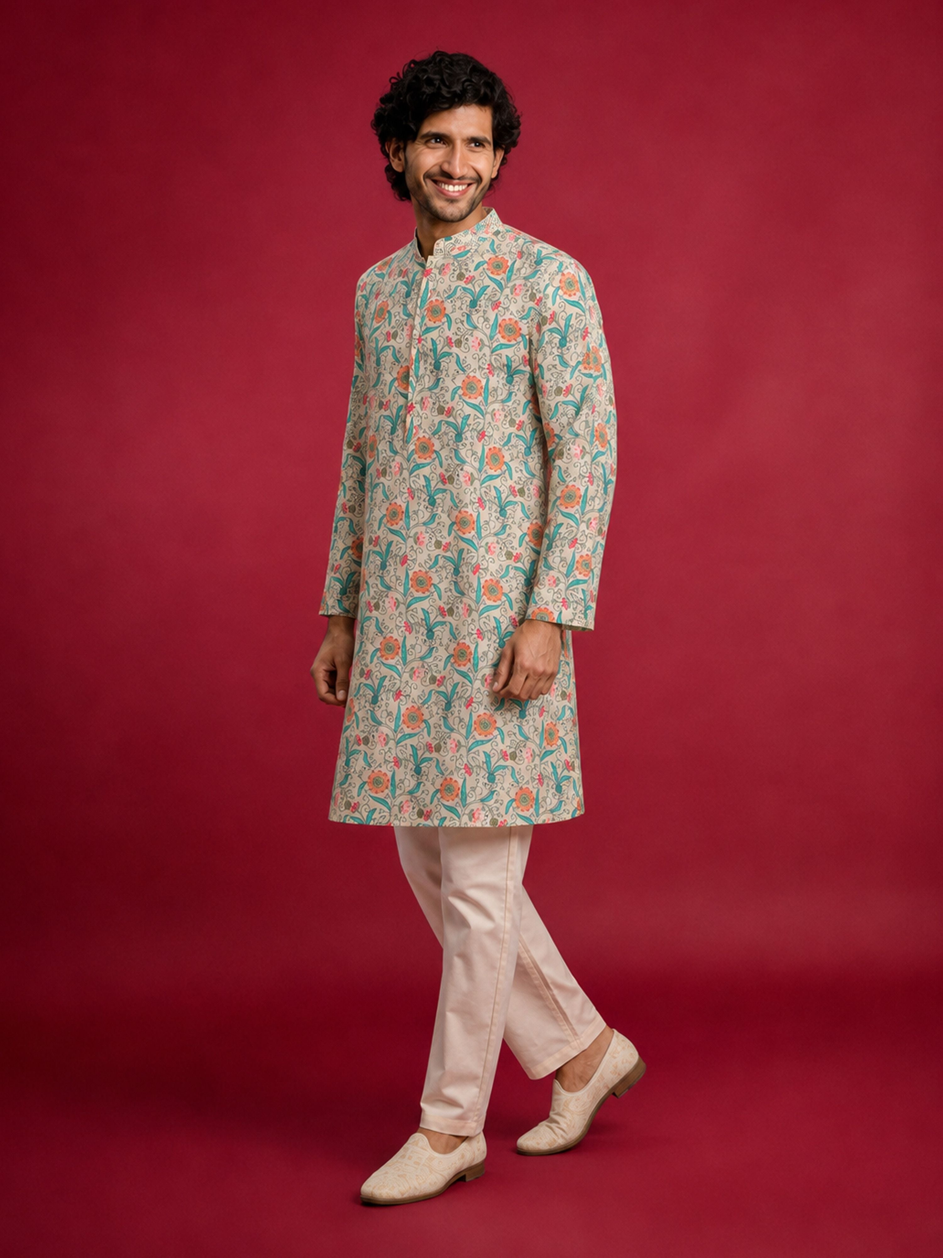 Men's Cream Cotton Digital Print Knee Length Kurta with Pyjama