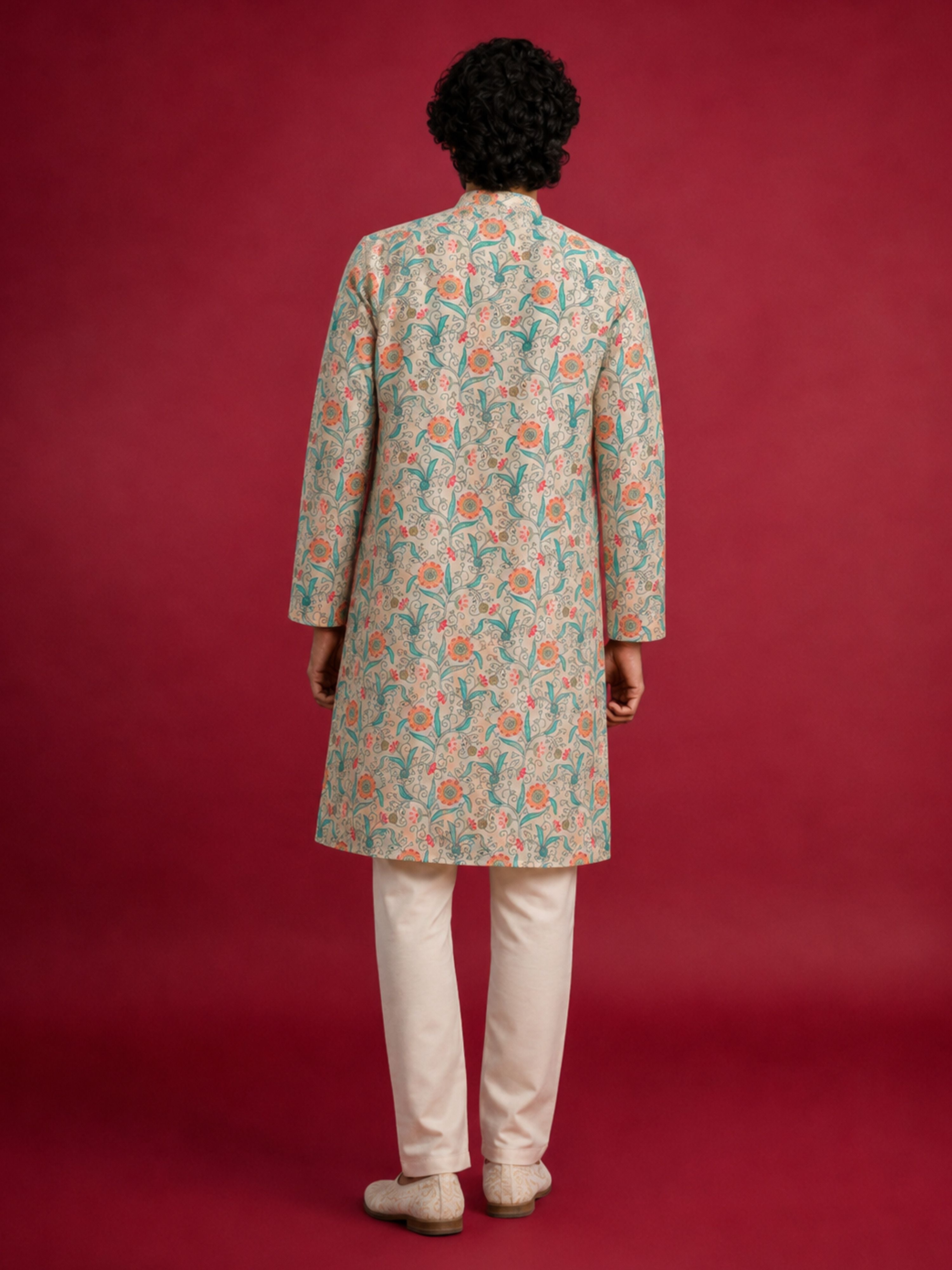 Men's Cream Cotton Digital Print Knee Length Kurta with Pyjama