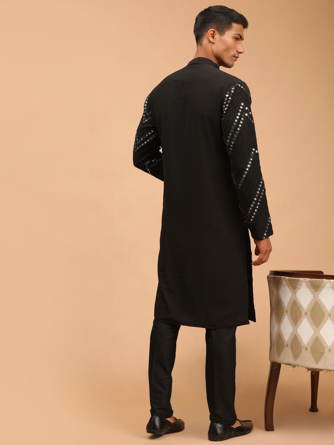 Men Black Georgette Mirror Work Kurta with Fine Satin Pyjama Set