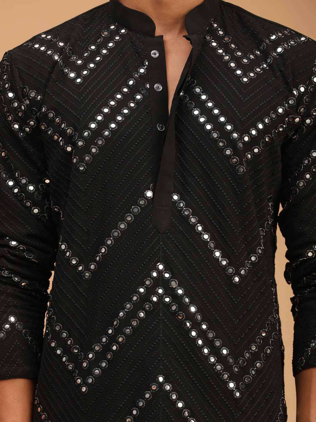 Men Black Georgette Mirror Work Kurta with Fine Satin Pyjama Set