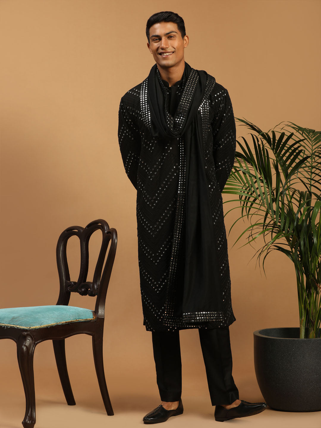 Men Black Mirror Work Georgette Kurta with Satin Pyjama & Mirror Work Dupatta Set