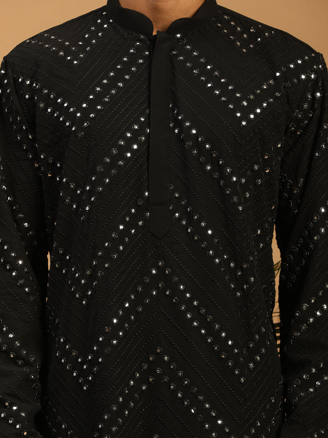 Men Black Mirror Work Georgette Kurta with Satin Pyjama & Mirror Work Dupatta Set