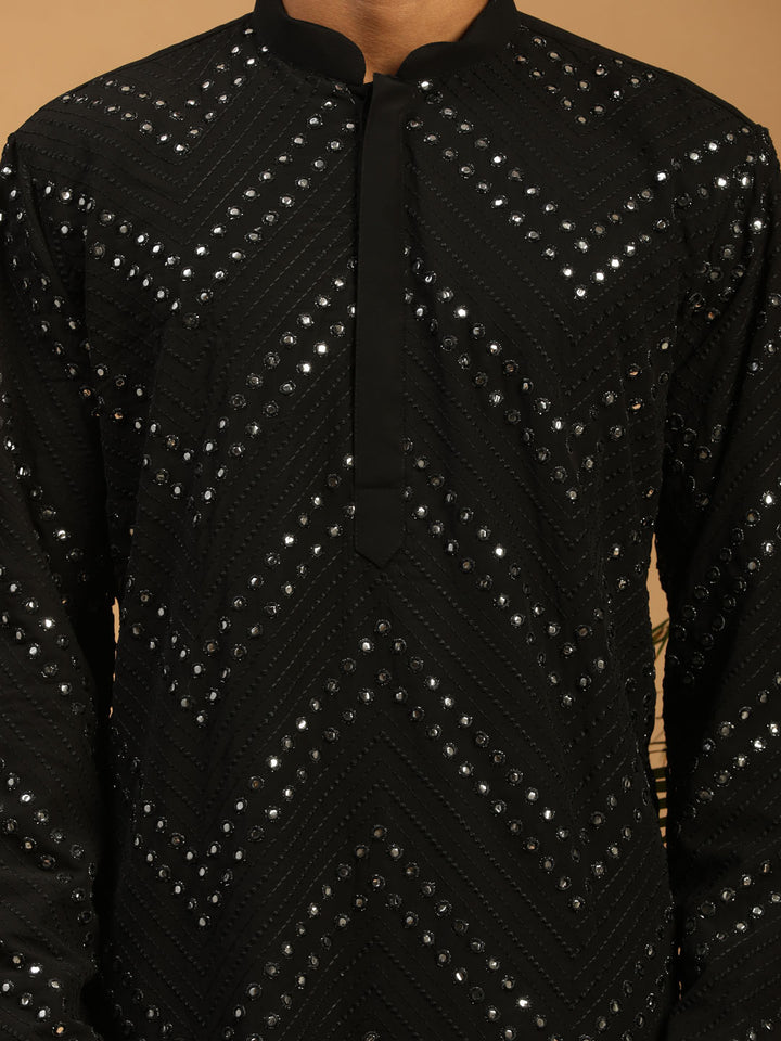 Men Black Mirror Work Georgette Kurta with Satin Pyjama &amp; Mirror Work Dupatta Set