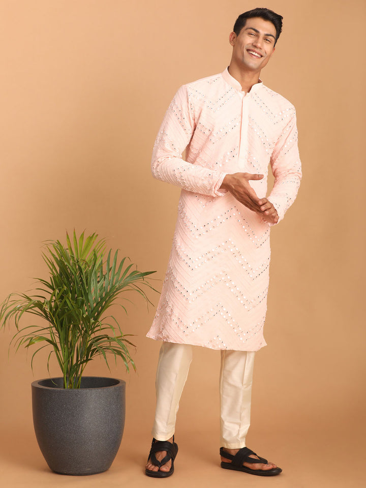 Men Pink Embroidered Georgette Kurta with Cream Pyjama Set