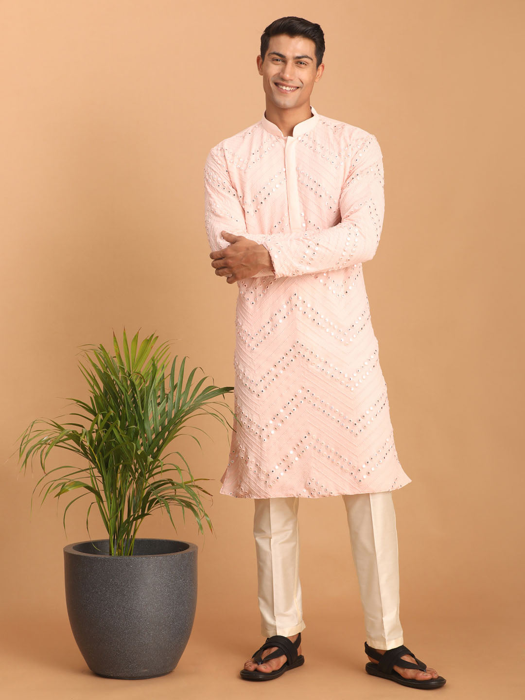 Men Pink Embroidered Georgette Kurta with Cream Pyjama Set