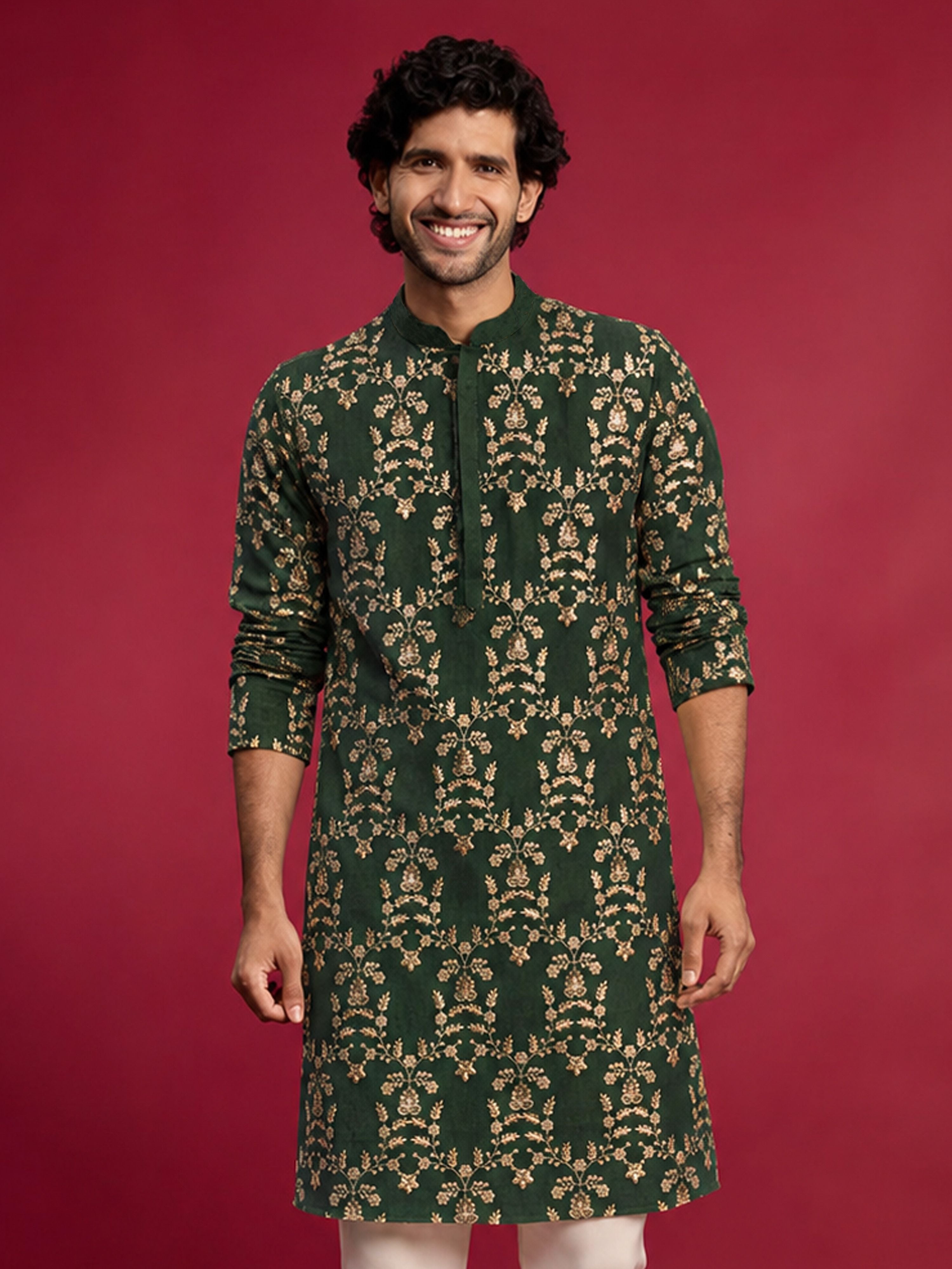 Men Dark Green Silk Blend Kurta Festive, Diwali Ethnic Wear