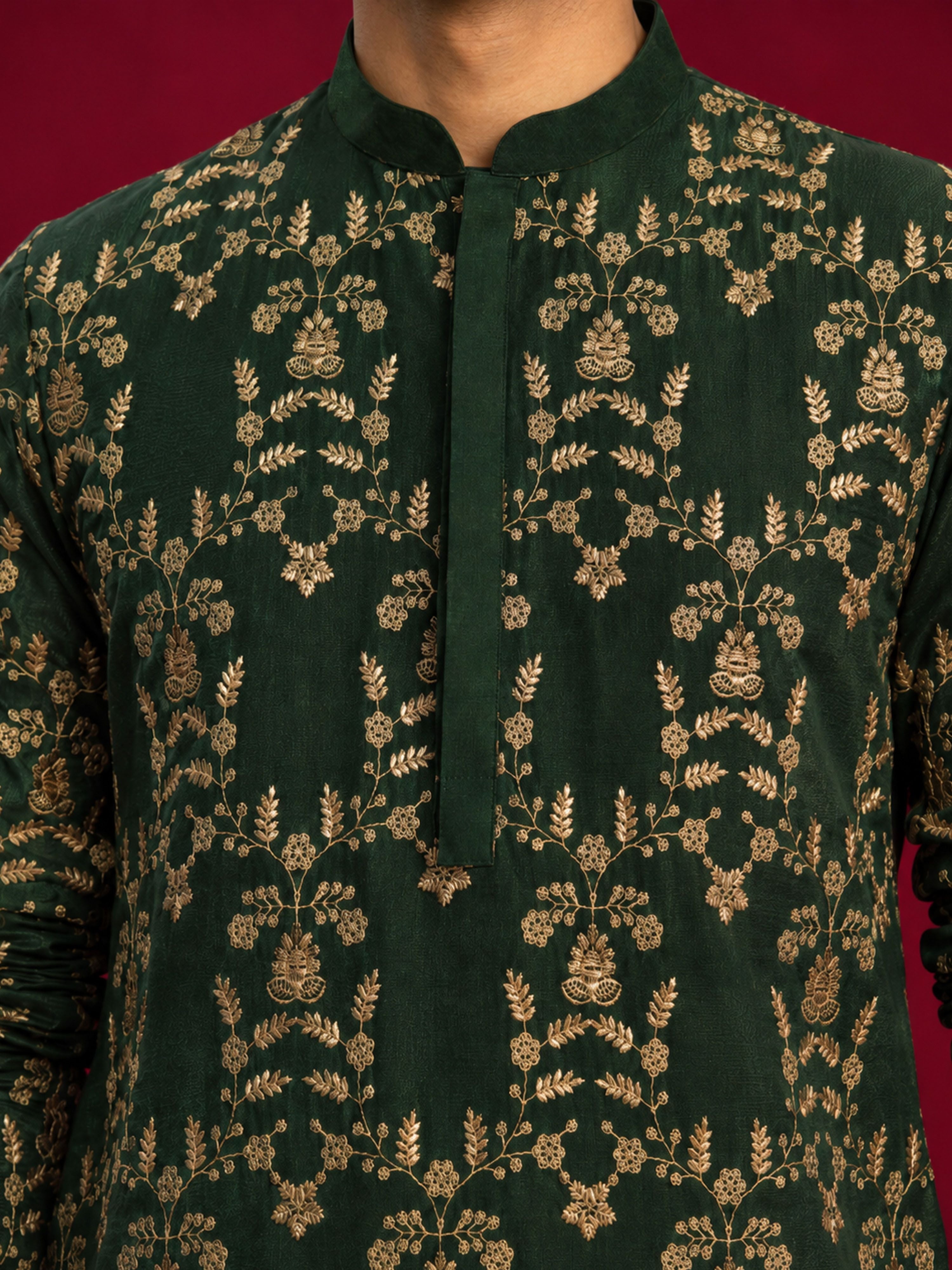 Men's Dark Green Silk-Blend Embroidered Knee Length Kurta