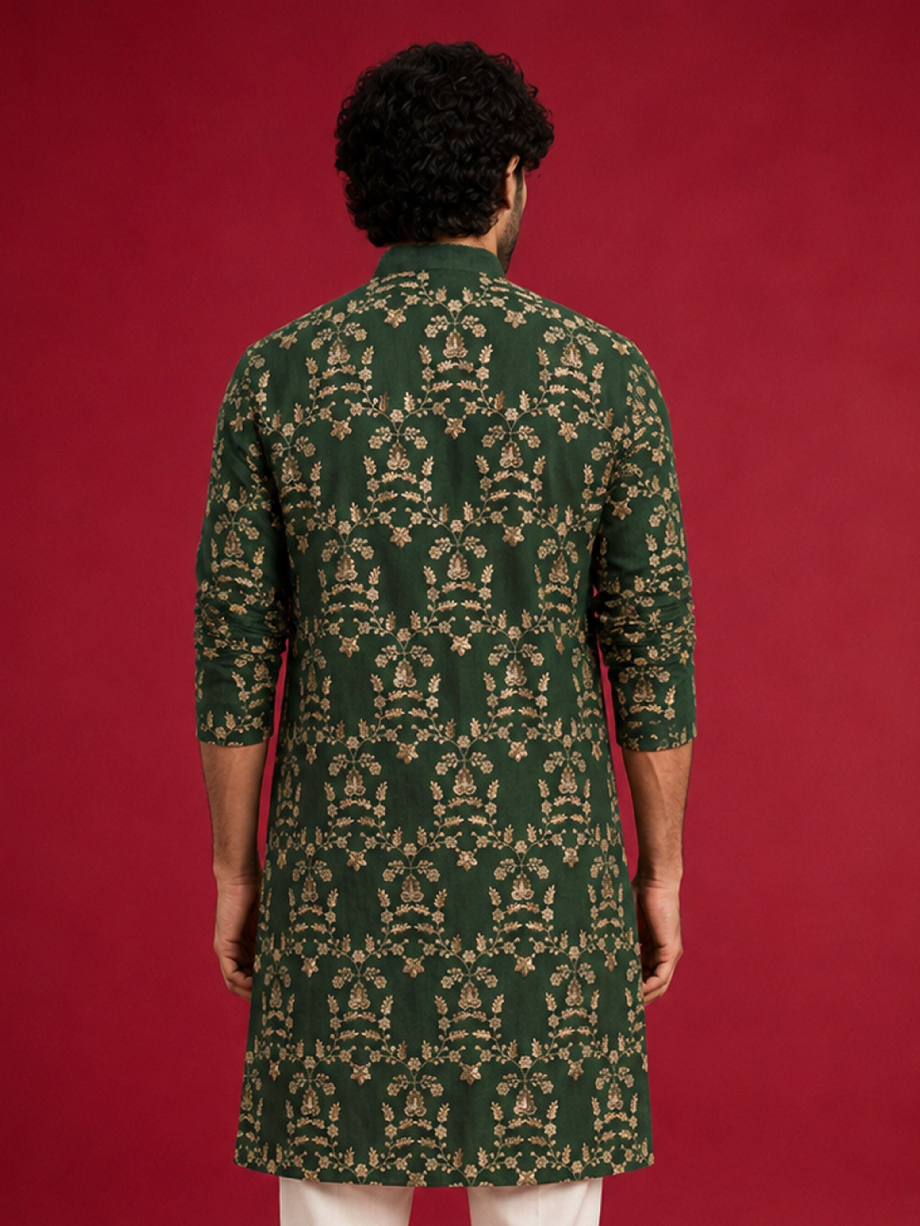 Men's Dark Green Silk-Blend Embroidered Knee Length Kurta