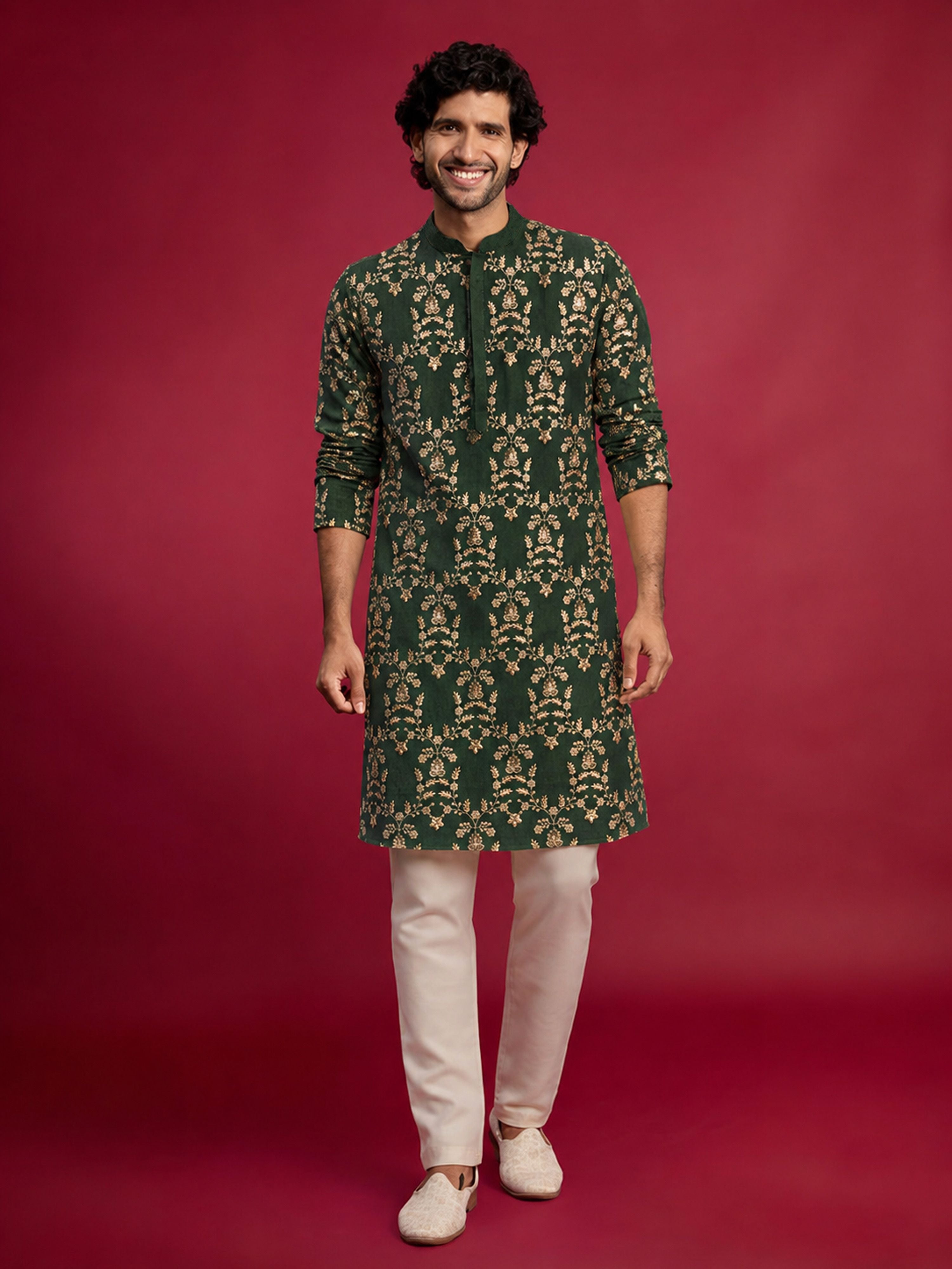 Men's Green Silk-Blend Embroidered Knee Length Kurta with Pyjama