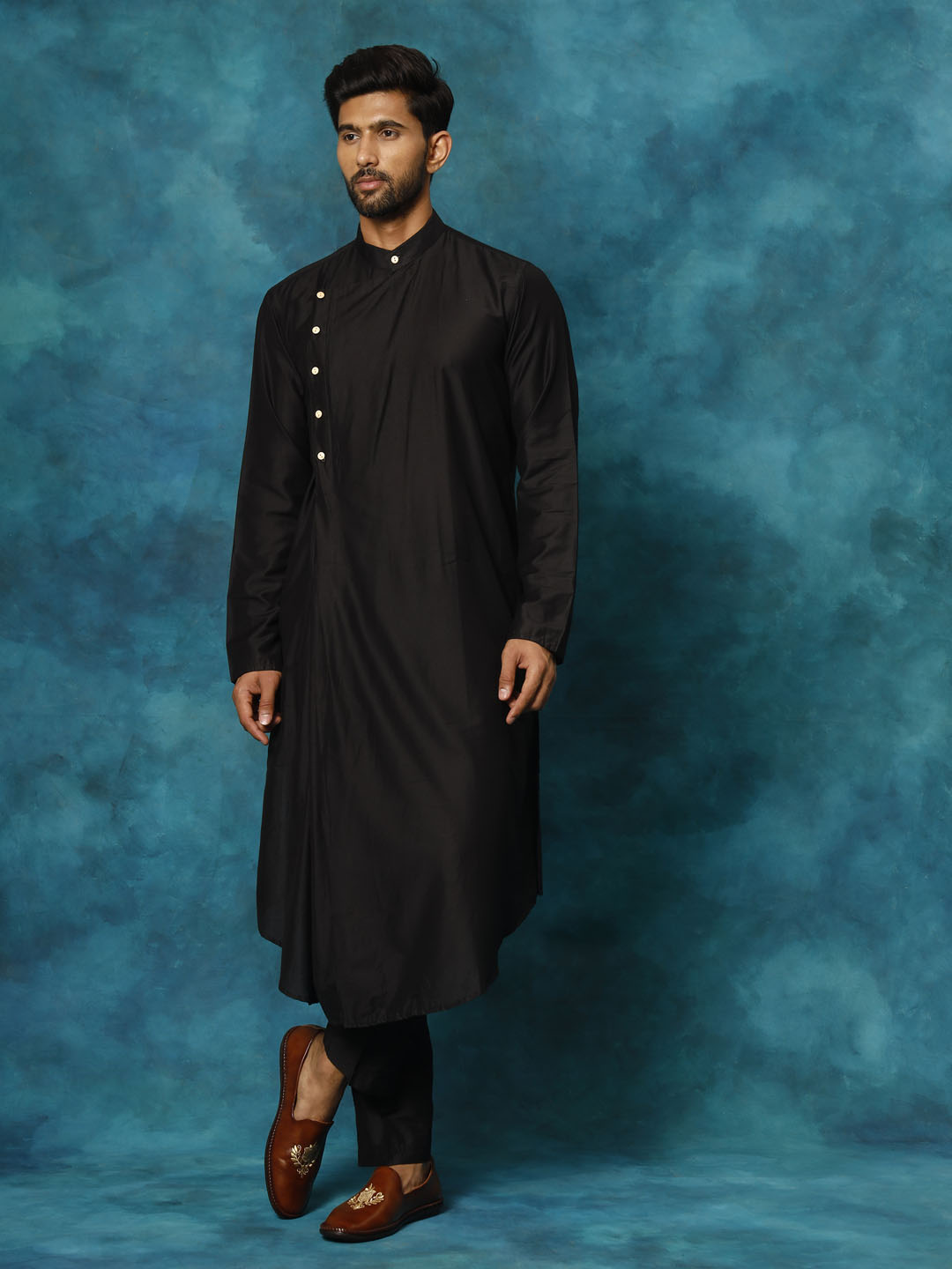 Men Black Asymmetric Viscose Kurta with Pyjama Set