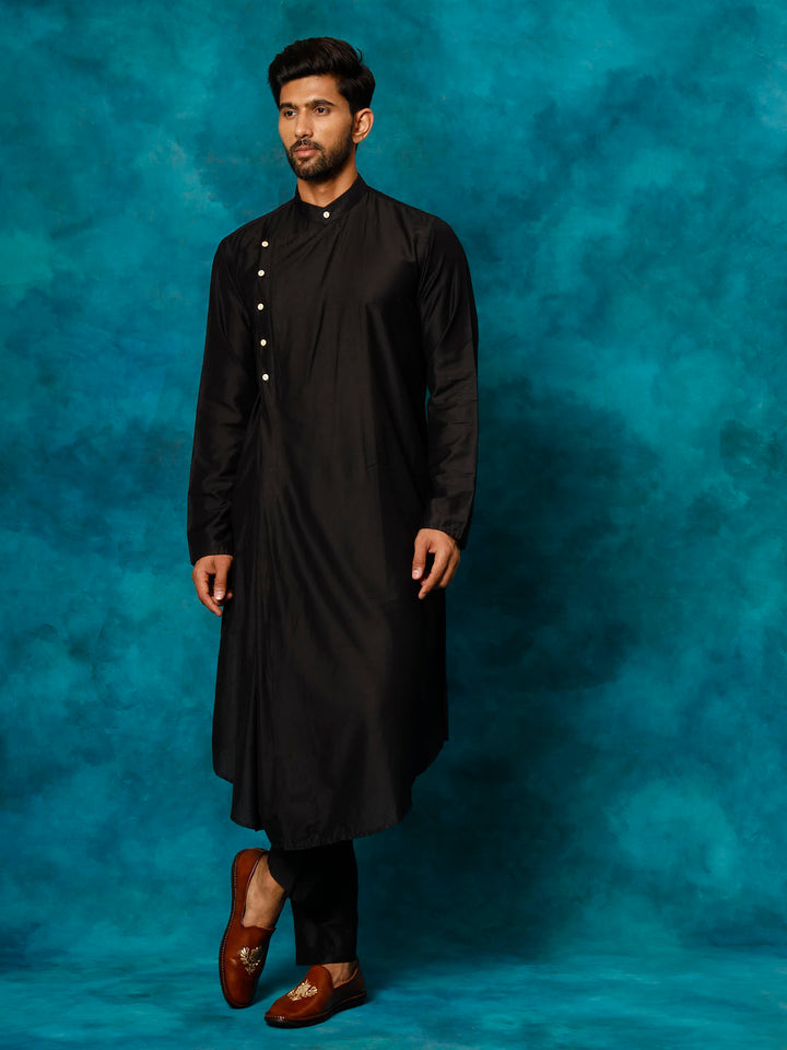 Men Black Asymmetric Viscose Kurta with Pyjama Set