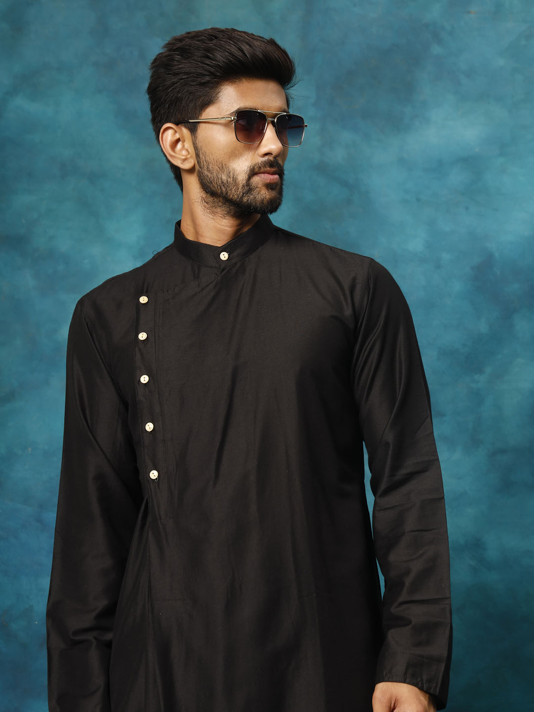 Men Black Asymmetric Viscose Kurta with Pyjama Set
