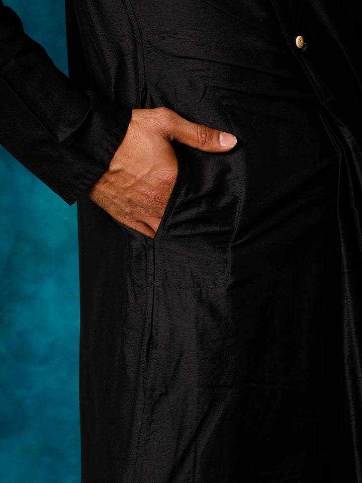 Men Black Asymmetric Viscose Kurta with Pyjama Set