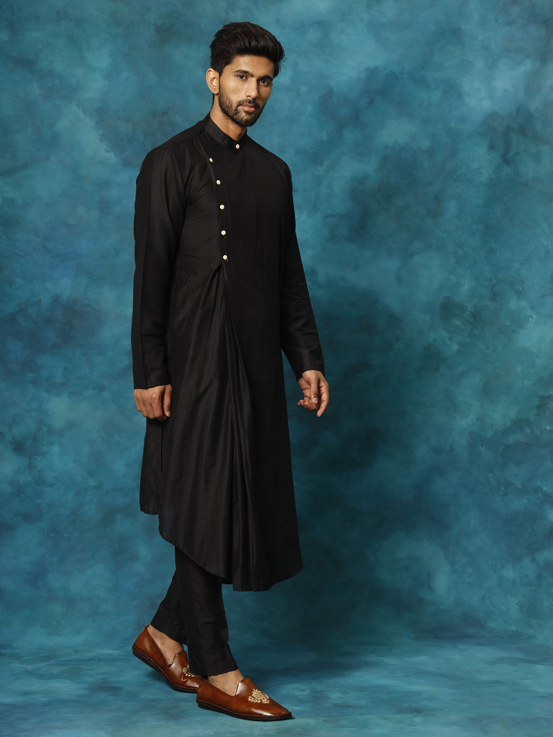 Men Black Asymmetric Viscose Kurta with Pyjama Set