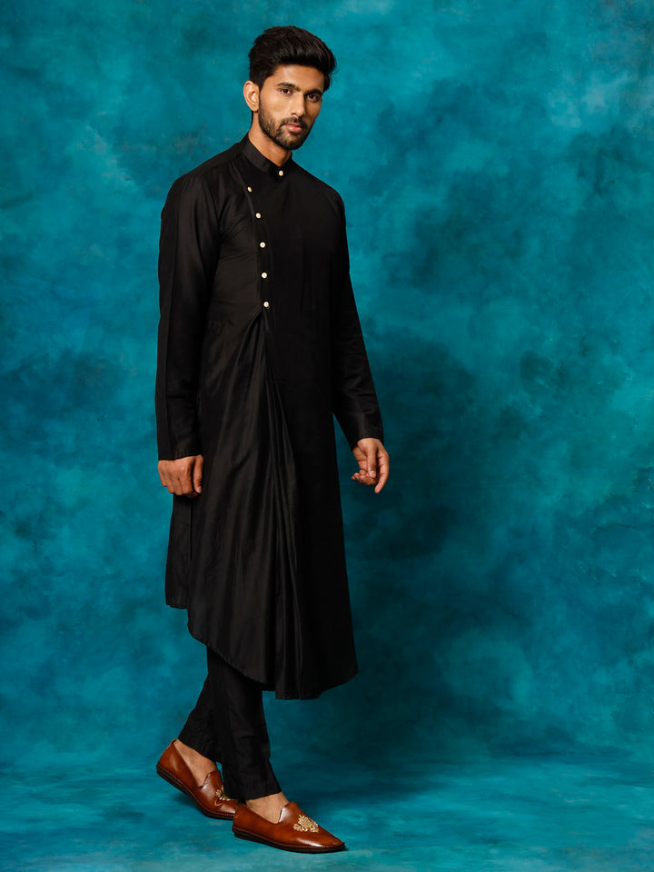 Men Black Asymmetric Viscose Kurta with Pyjama Set