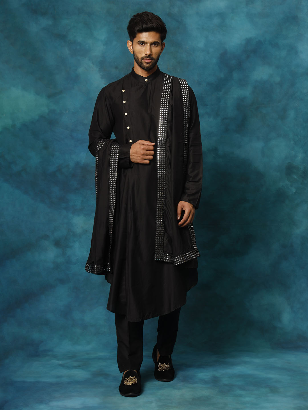 Men Black Asymmetric Viscose Kurta with Pyjama &amp; Mirror Work Dupatta Set