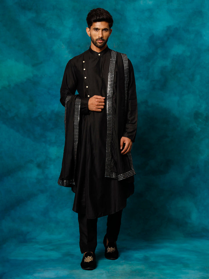Men Black Asymmetric Viscose Kurta with Pyjama &amp; Mirror Work Dupatta Set