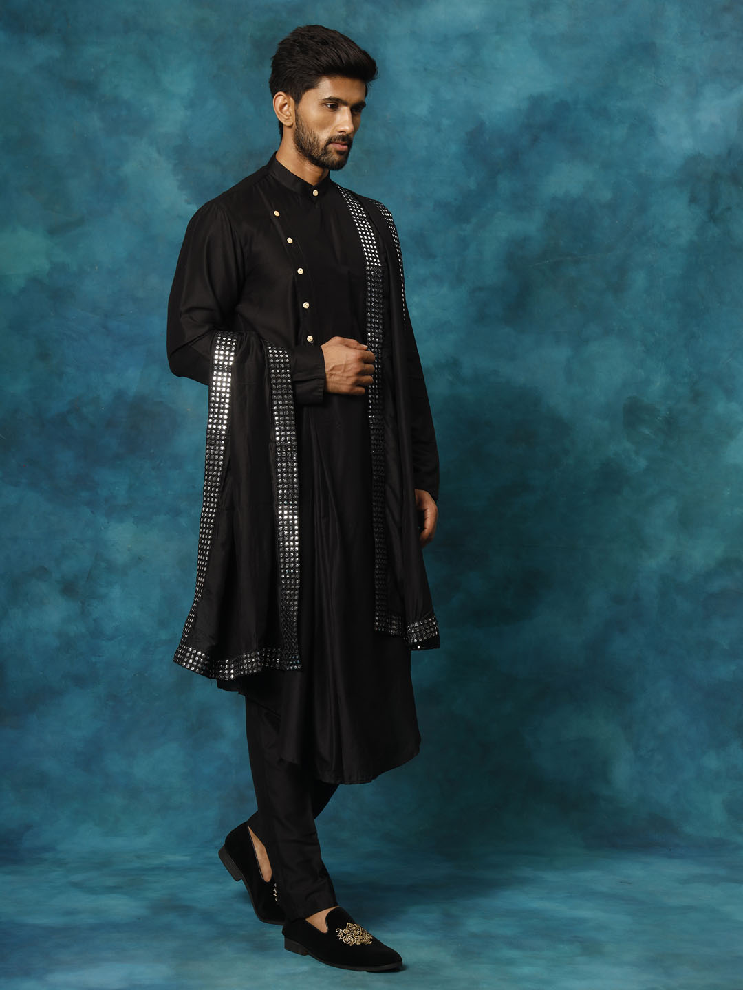 Men Black Asymmetric Viscose Kurta with Pyjama &amp; Mirror Work Dupatta Set