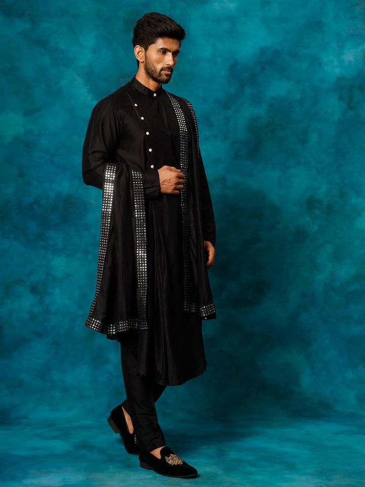 Men Black Asymmetric Viscose Kurta with Pyjama &amp; Mirror Work Dupatta Set
