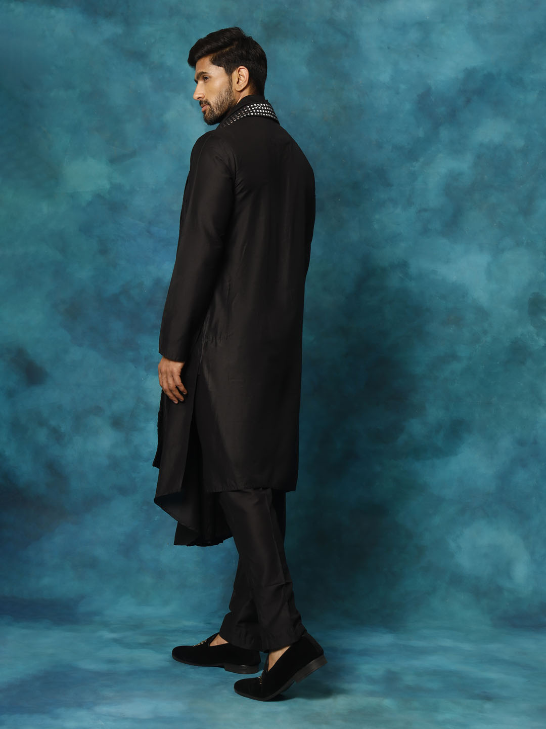 Men Black Asymmetric Viscose Kurta with Pyjama &amp; Mirror Work Dupatta Set