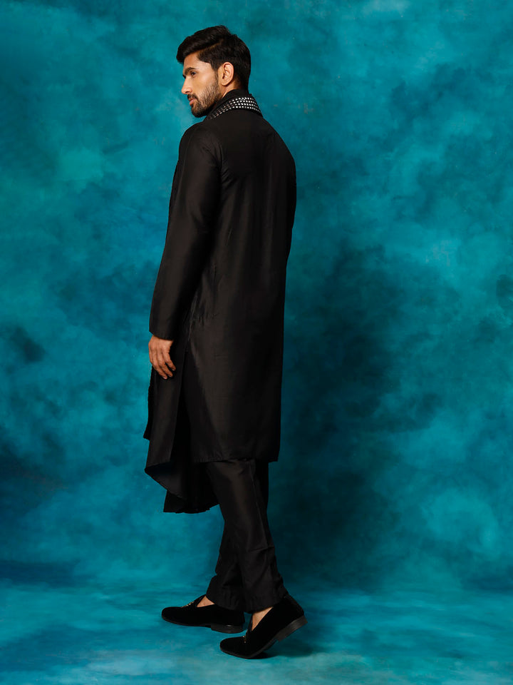 Men Black Asymmetric Viscose Kurta with Pyjama &amp; Mirror Work Dupatta Set
