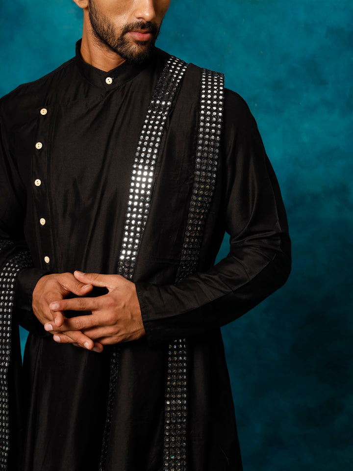 Men Black Asymmetric Viscose Kurta with Pyjama &amp; Mirror Work Dupatta Set