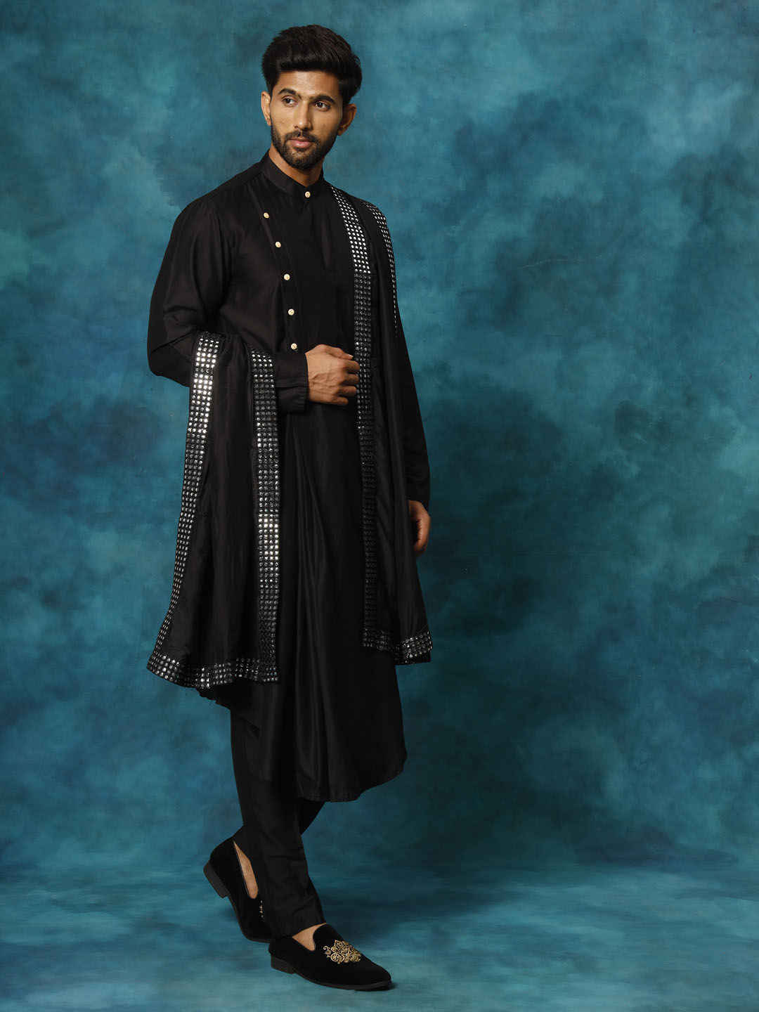 Men Black Asymmetric Viscose Kurta with Pyjama &amp; Mirror Work Dupatta Set