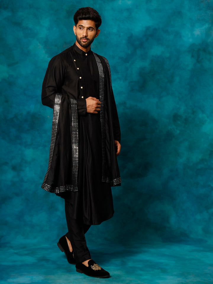 Men Black Asymmetric Viscose Kurta with Pyjama &amp; Mirror Work Dupatta Set