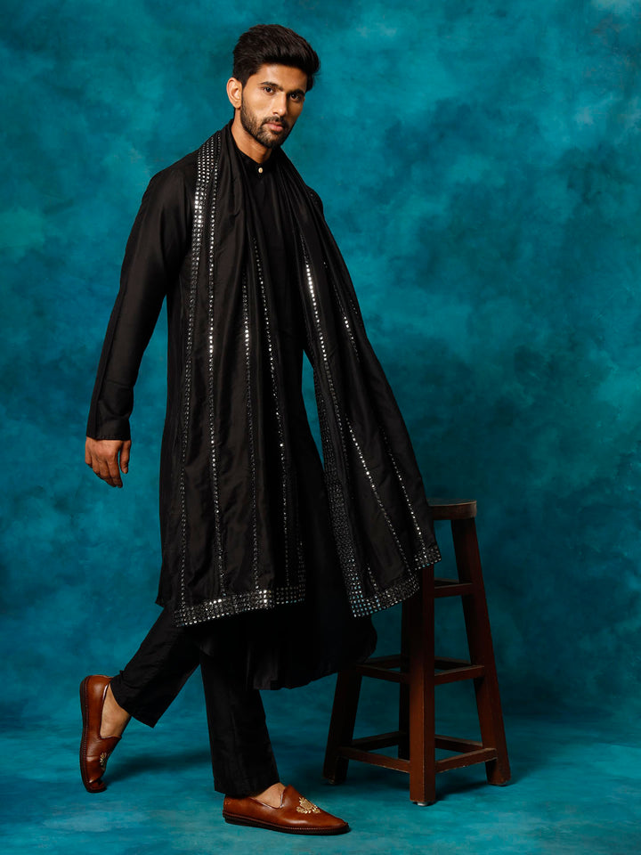 Men Black Asymmetric Viscose Kurta with Pyjama &amp; Mirror Work Dupatta Set
