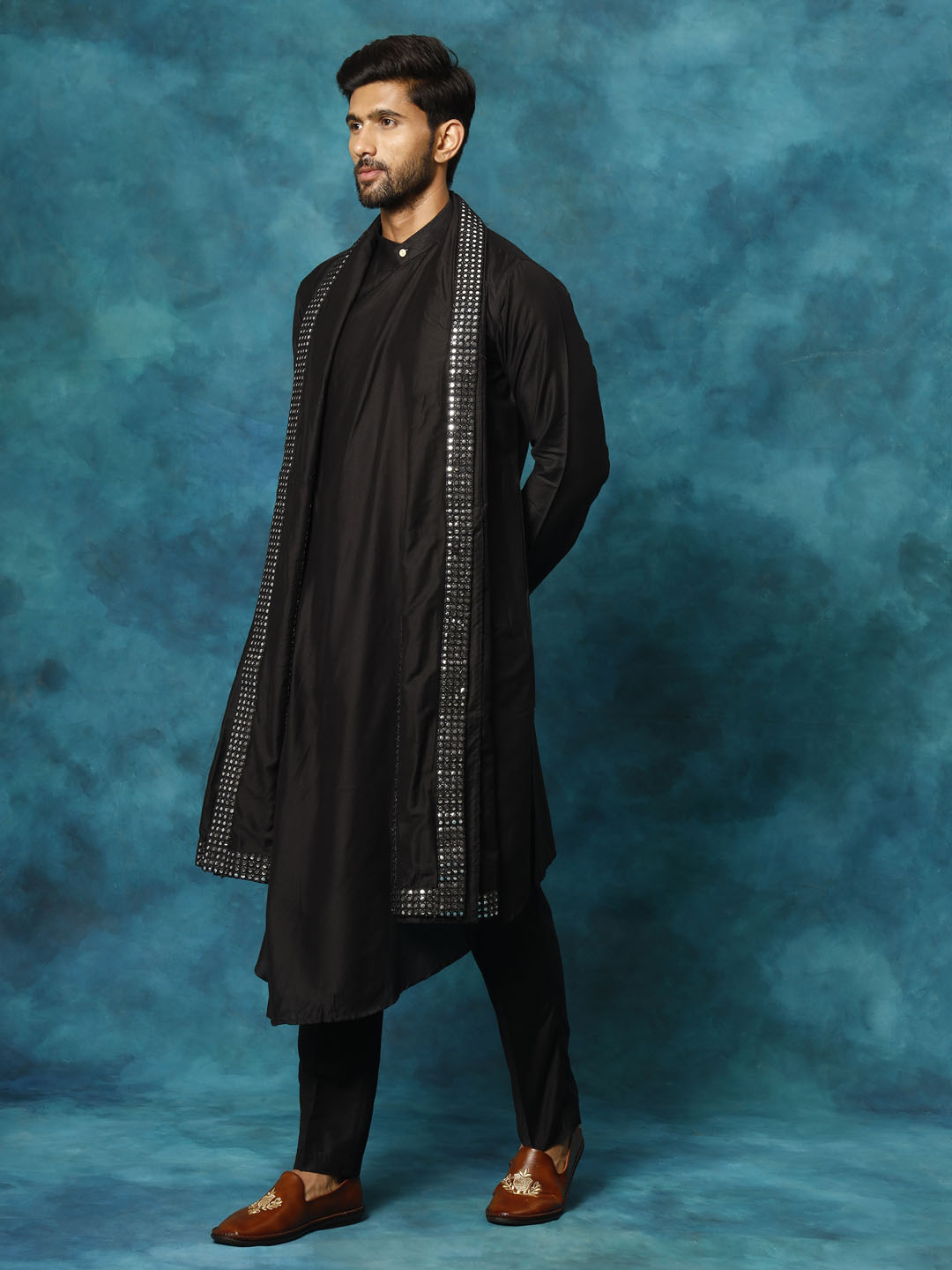 Men Black Asymmetric Viscose Kurta with Pyjama &amp; Mirror Work Dupatta Set
