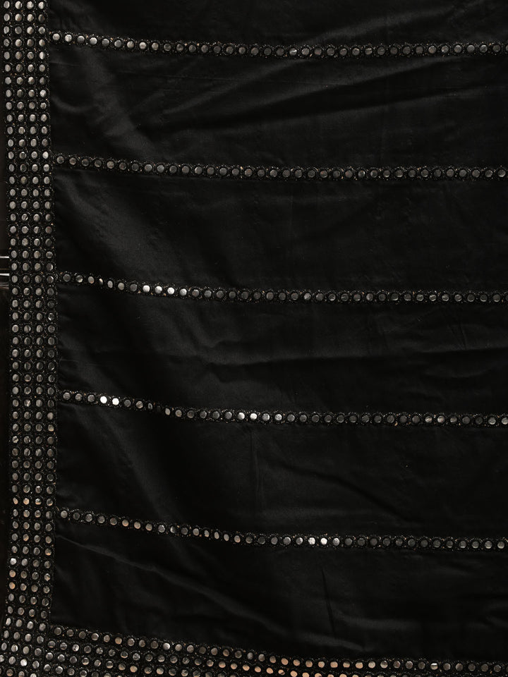Men Black Asymmetric Viscose Kurta with Pyjama &amp; Mirror Work Dupatta Set