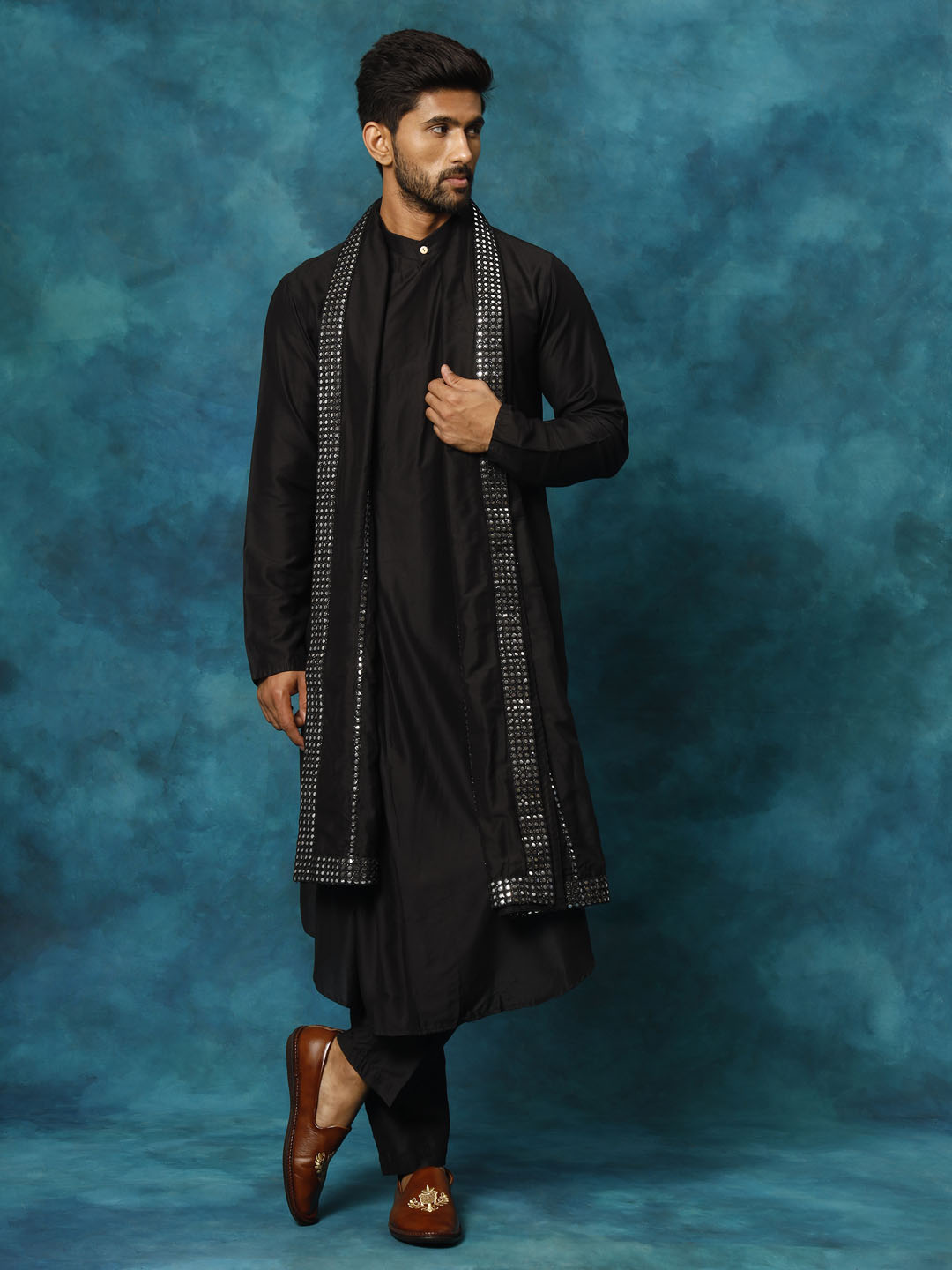 Men Black Asymmetric Viscose Kurta with Pyjama &amp; Mirror Work Dupatta Set