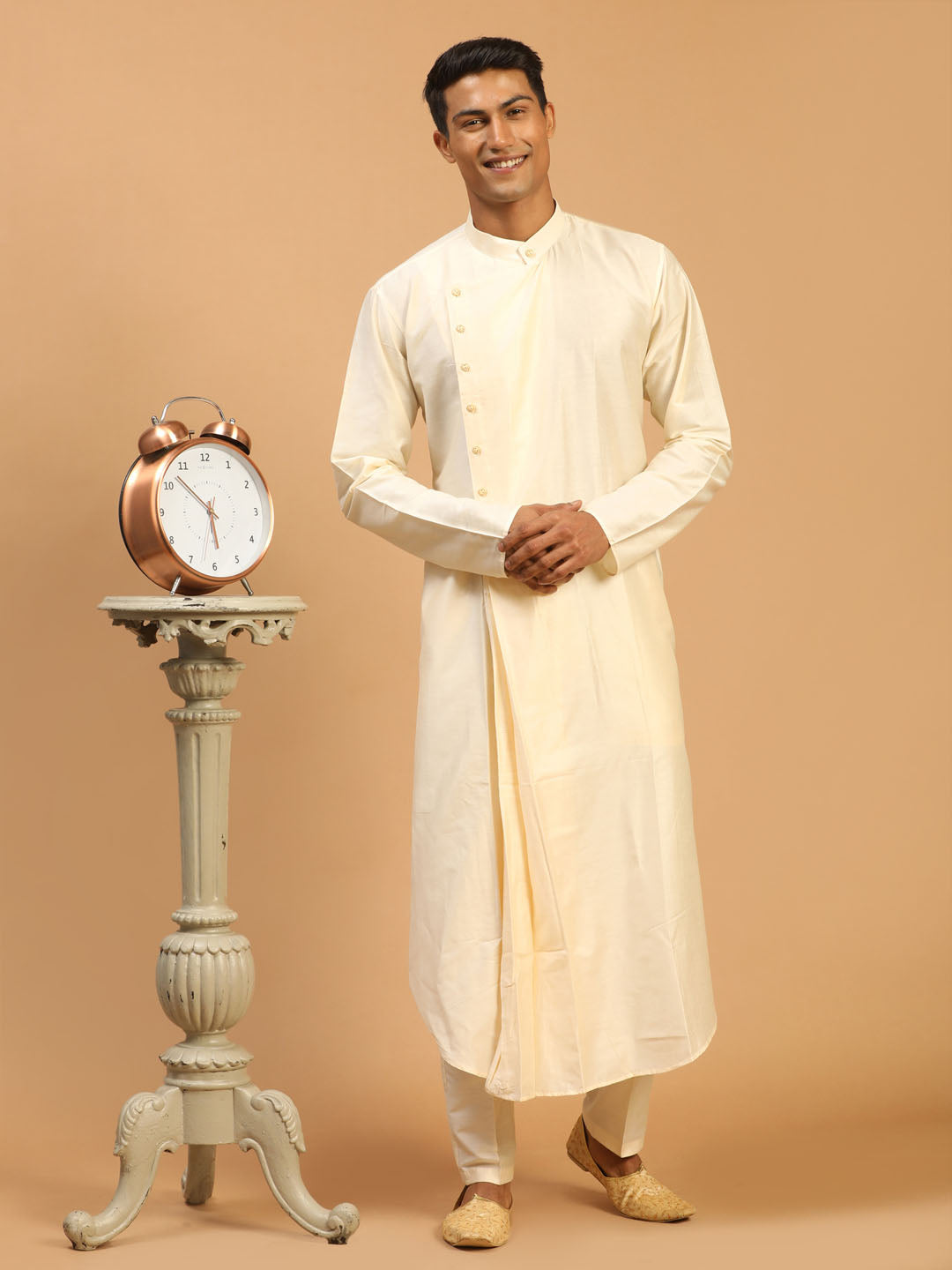 Men Cream Silk Blend Self Design Kurta with Pyjama Set