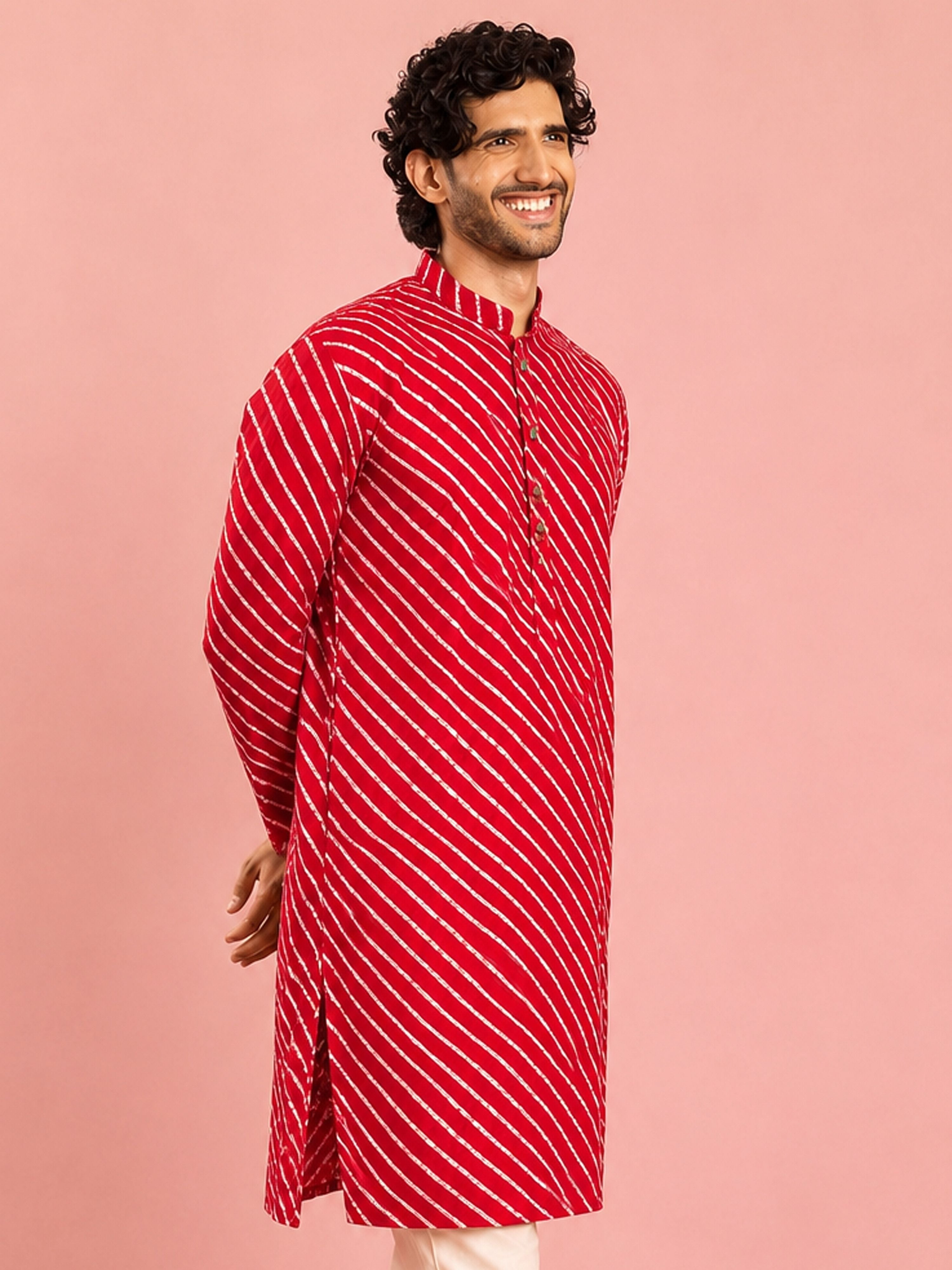 Men's Red Rayon Digital Print Knee Length Kurta