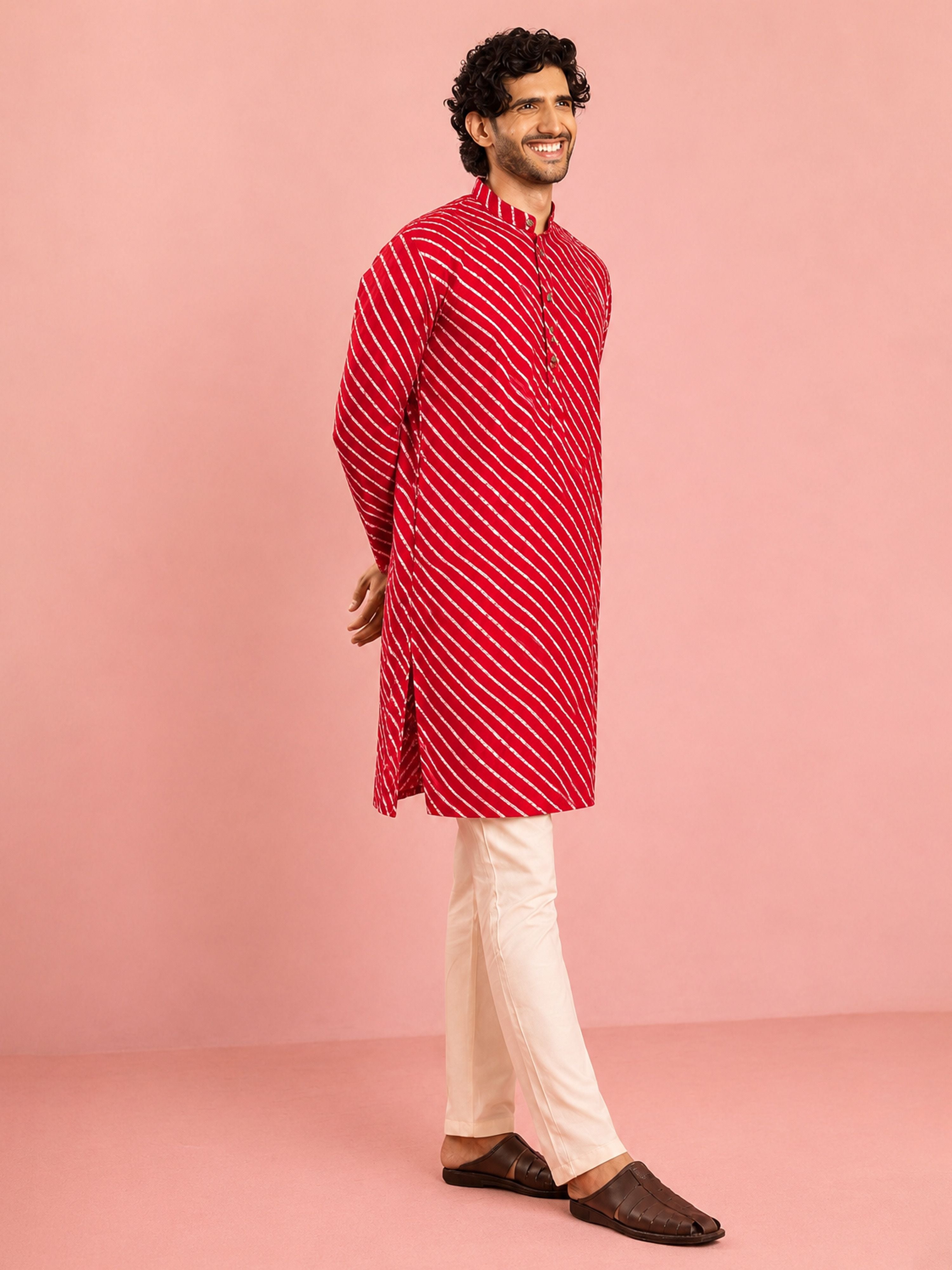 Men's Red Rayon Digital Print Knee Length Kurta with Pyjama
