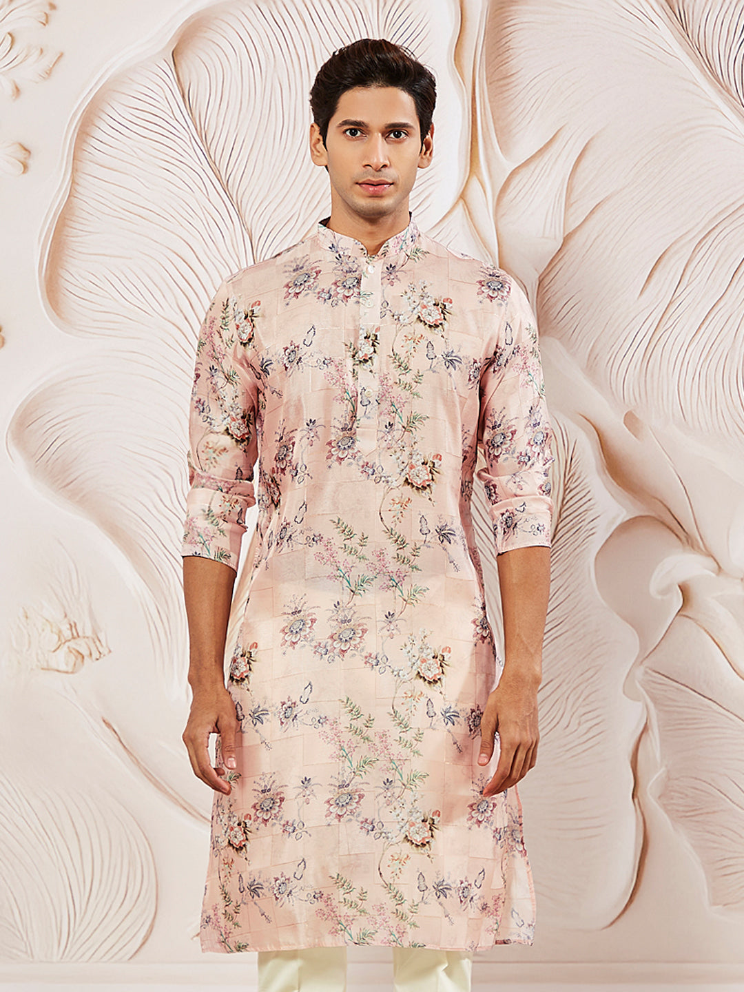 Men's Pink Floral Printed Silk Blend Kurta – vastramay
