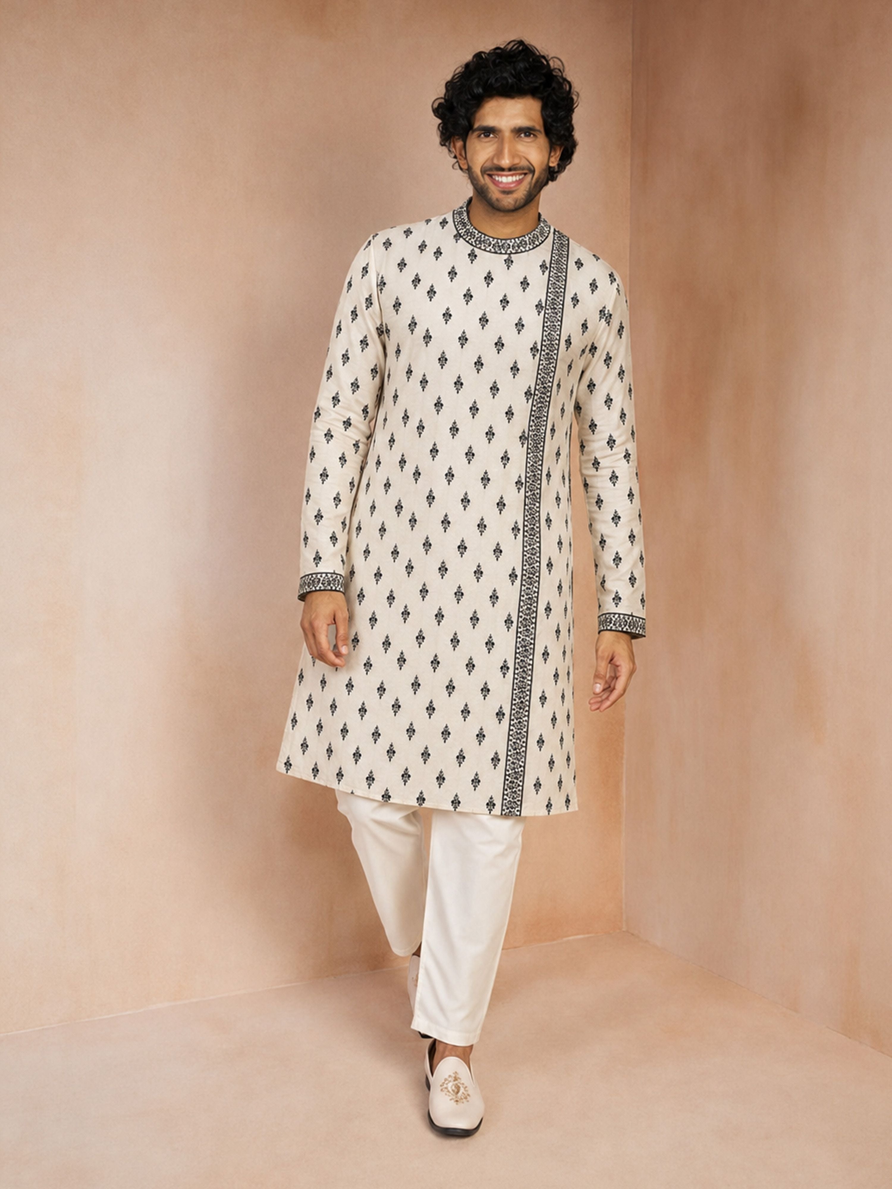 Men's Black Viscose Embroidered Knee Length Kurta with Pyjama