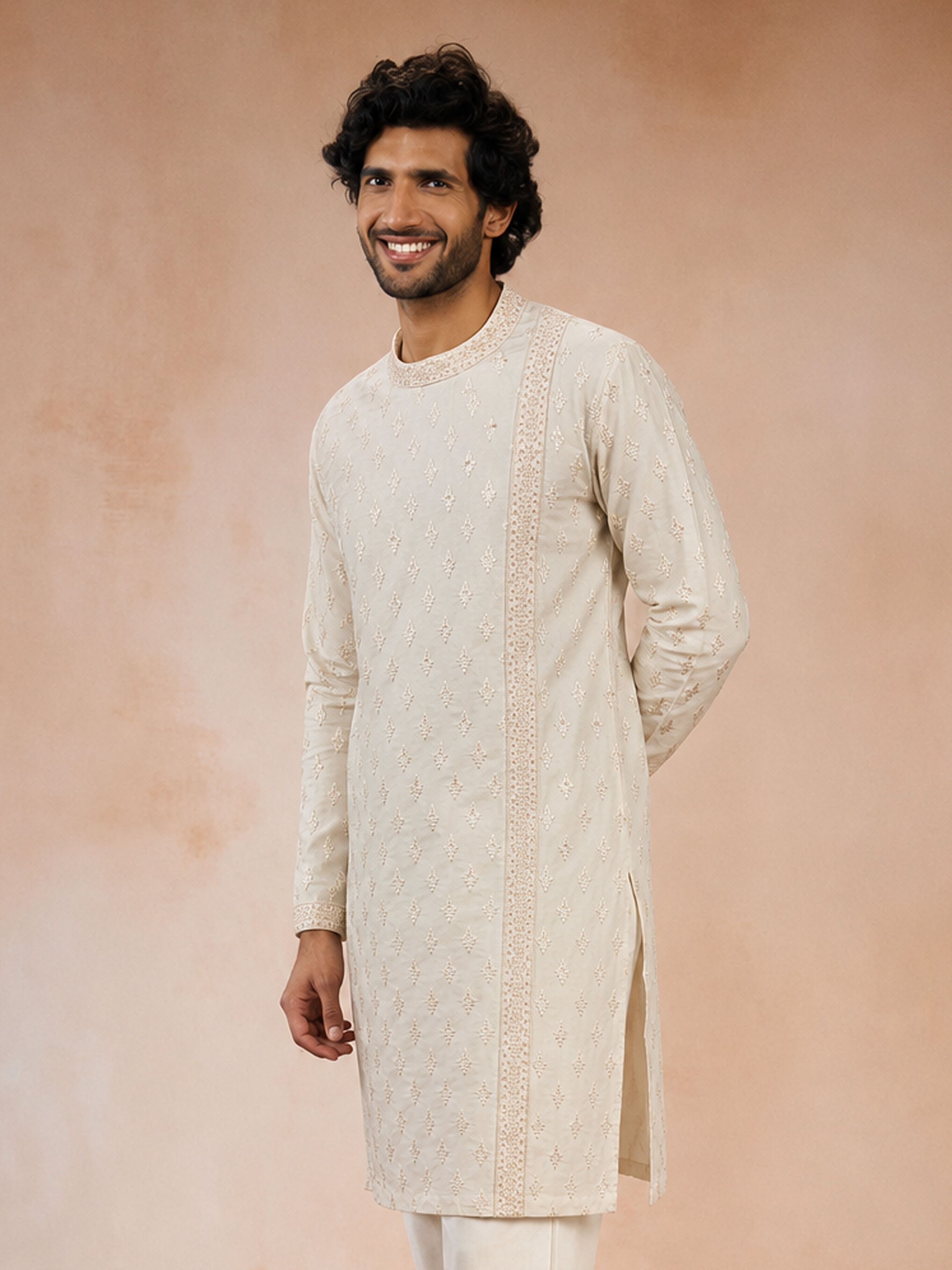 Men's Cream Viscose Embroidered Knee Length Kurta