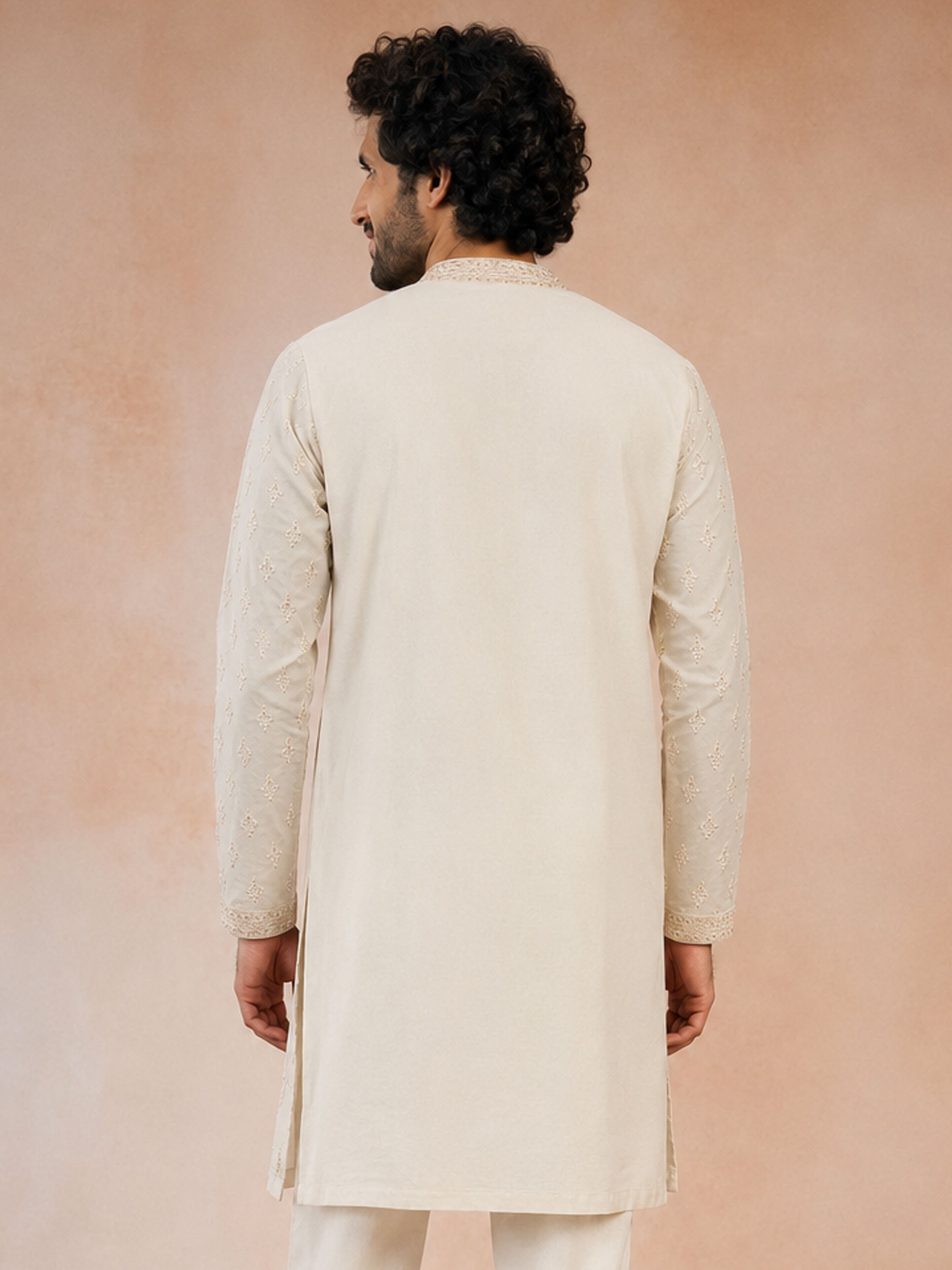 Men's Cream Viscose Embroidered Knee Length Kurta