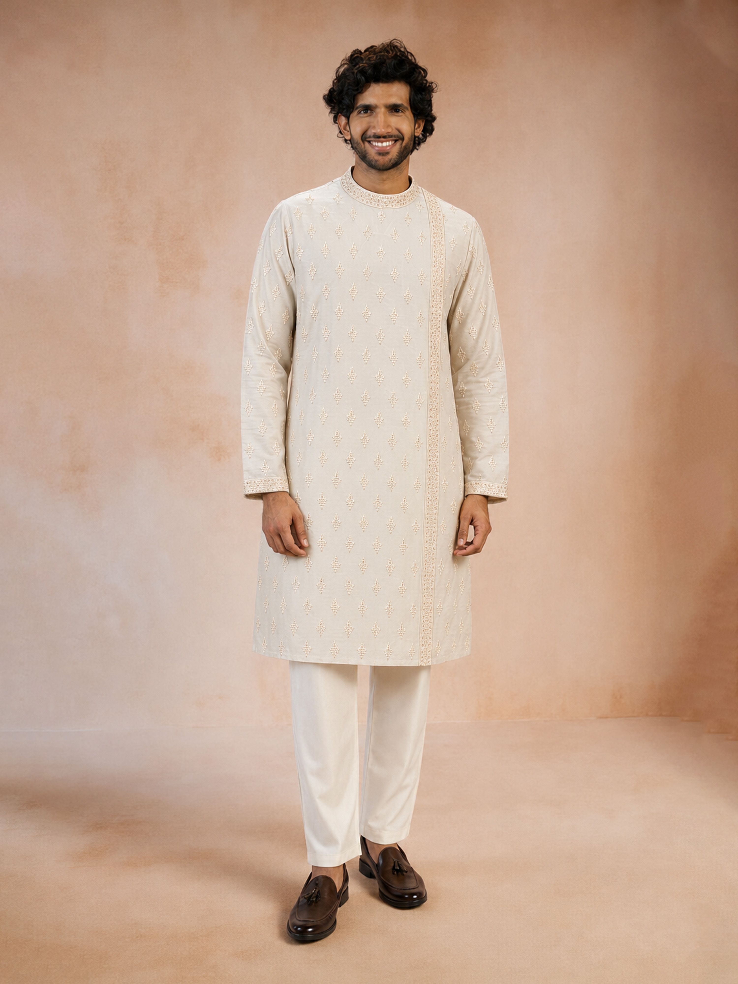 Men's Cream Viscose Embroidered Knee Length Kurta with Pyjama