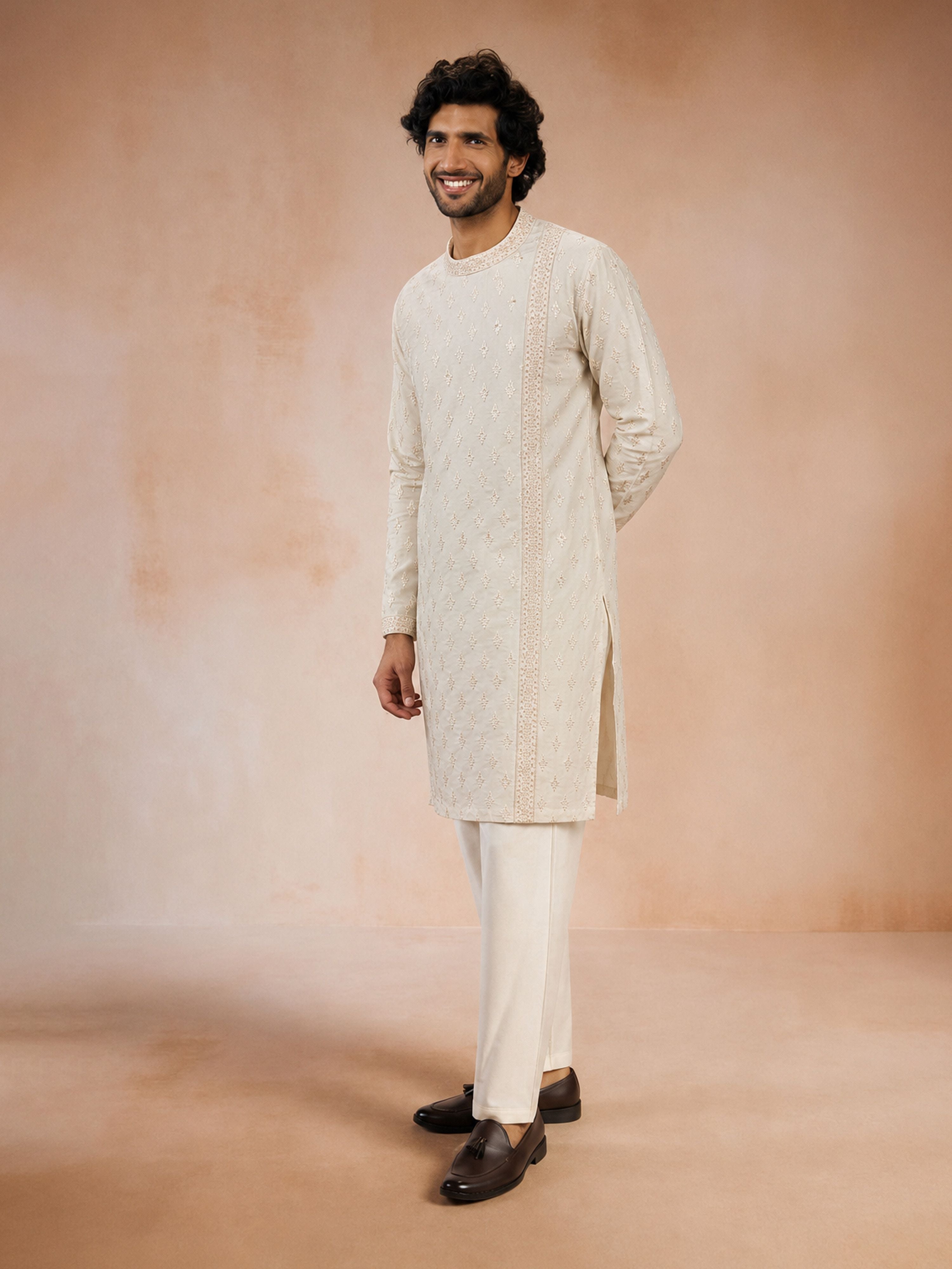 Men's Cream Viscose Embroidered Knee Length Kurta with Pyjama