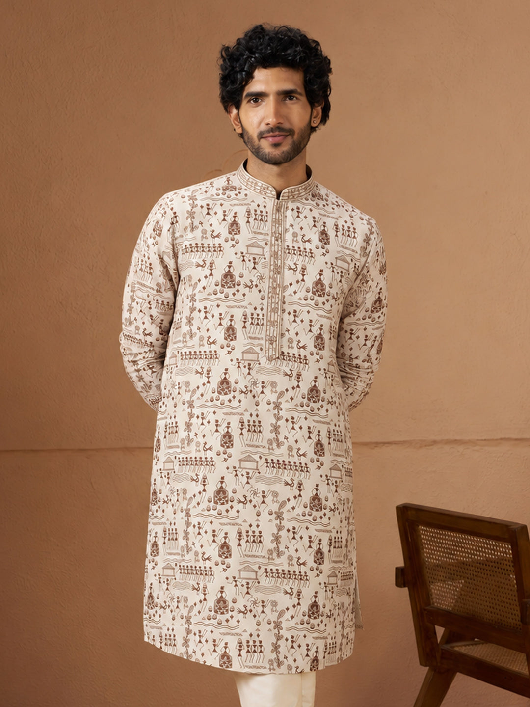 Men Cream Rayon Kurta Summer / Casual, Casual, Durga Puja, Summer Ease, Wedding Ethnic Wear