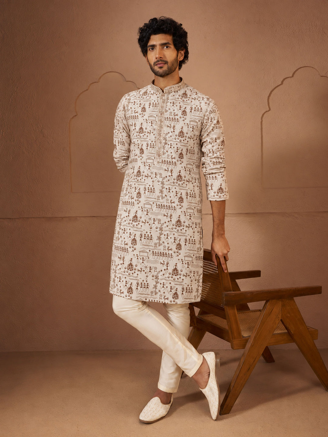 Men Cream Rayon Kurta With Pyjama Summer / Casual, Casual, Durga Puja, Summer Ease, Wedding Ethnic Wear