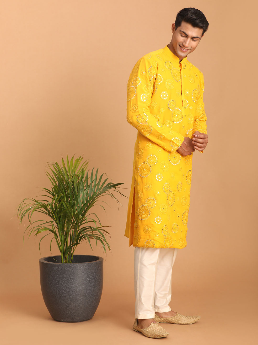 Men Yellow Embroidered Georgette Kurta with Cream Satin Pyjama Set