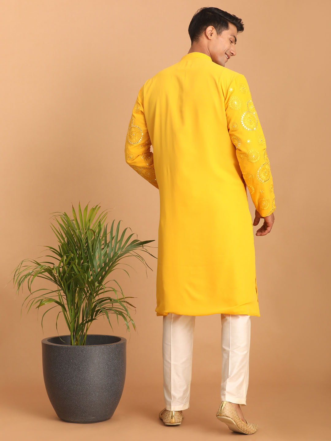 Men Yellow Embroidered Georgette Kurta with Cream Satin Pyjama Set