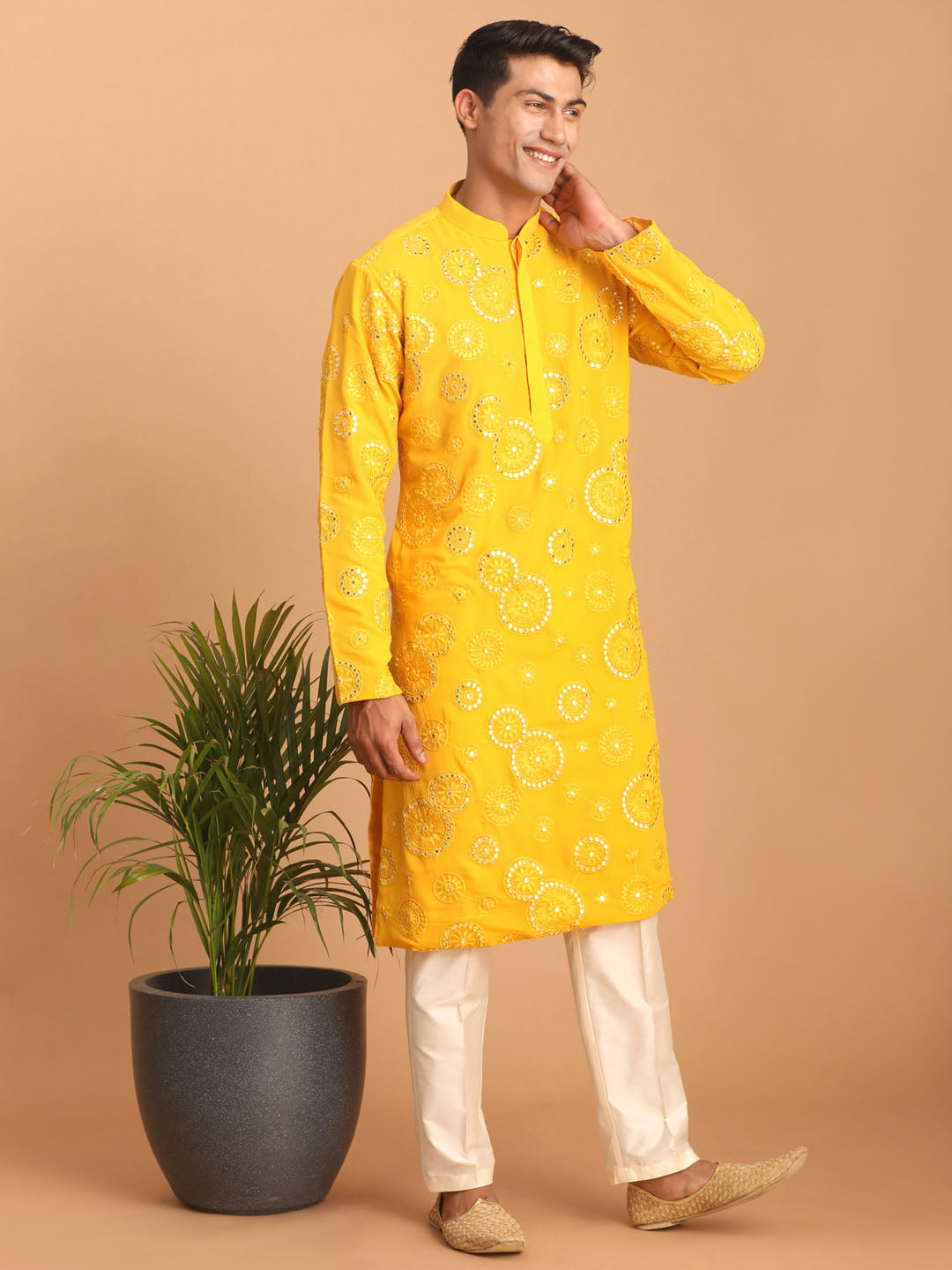 Men Yellow Embroidered Georgette Kurta with Cream Satin Pyjama Set