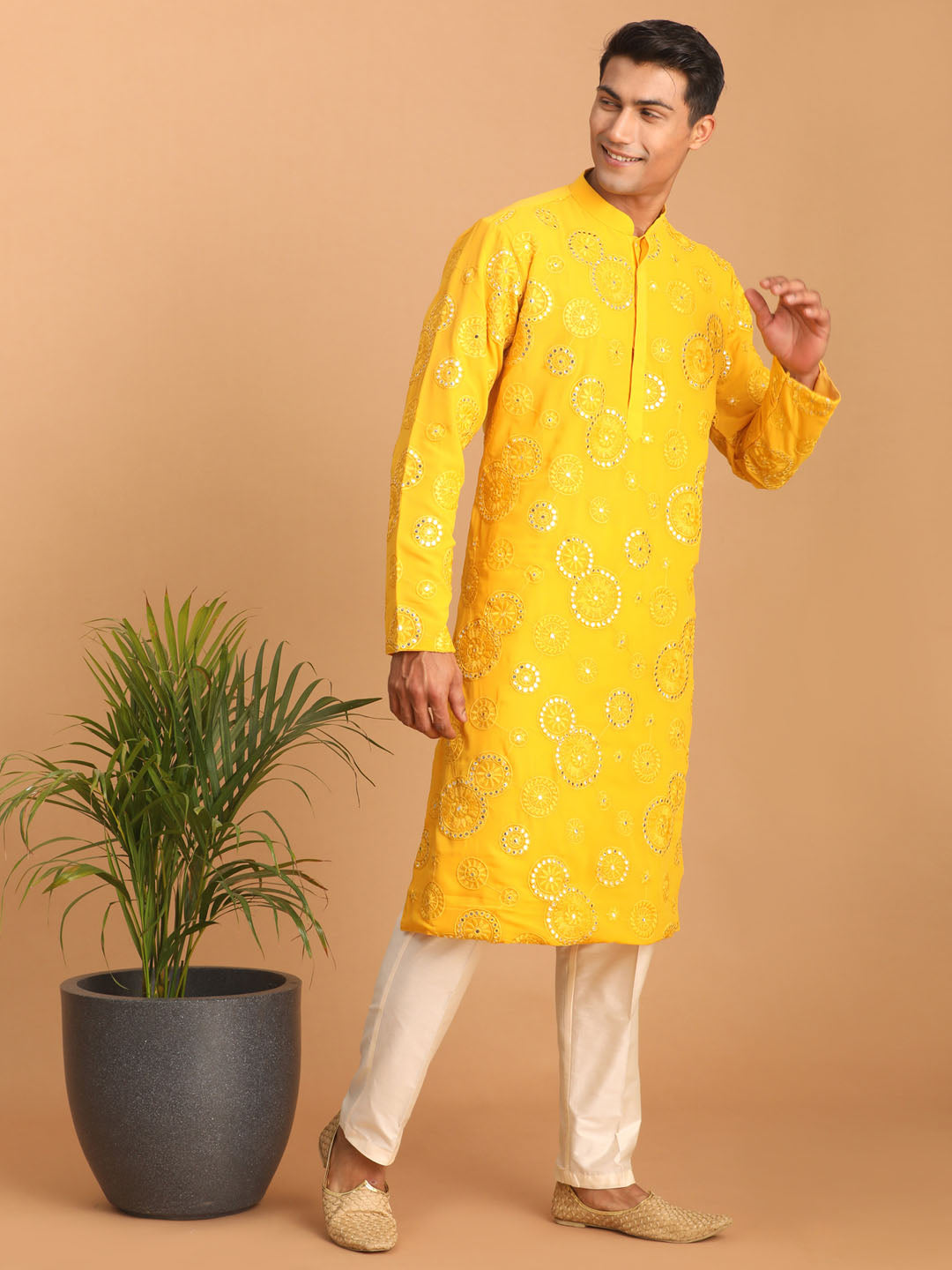 Men Yellow Embroidered Georgette Kurta with Cream Satin Pyjama Set